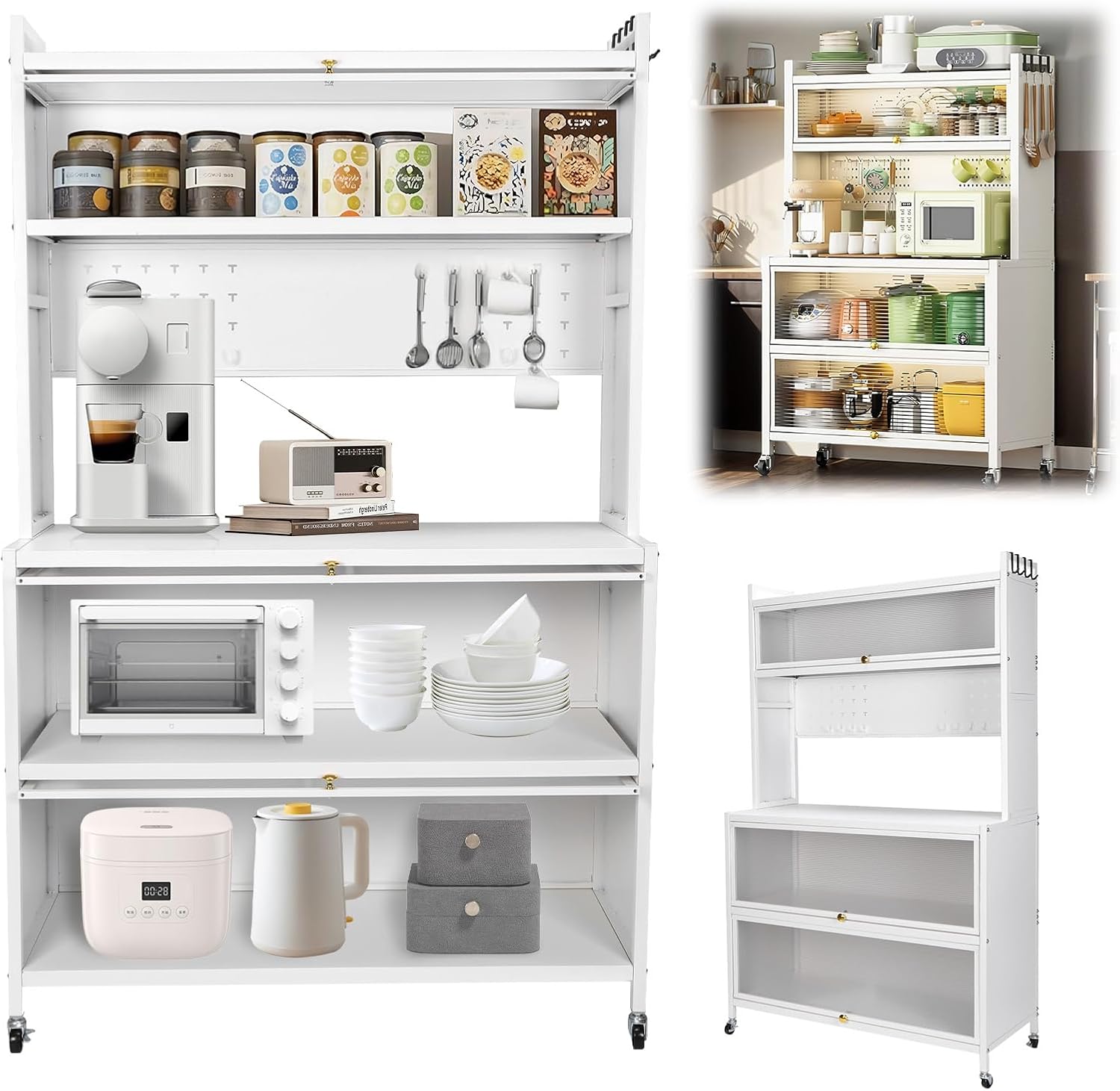 5 Tier Rolling Kitchen Bakers Rack with Locker Hole Board, 63.98x39.37x15.75inch Kitchen Pantry Cabinet Storage with Wheels Hooks, Farmhouse Coffee Bar Cabinet with Drawer Barn Doors
