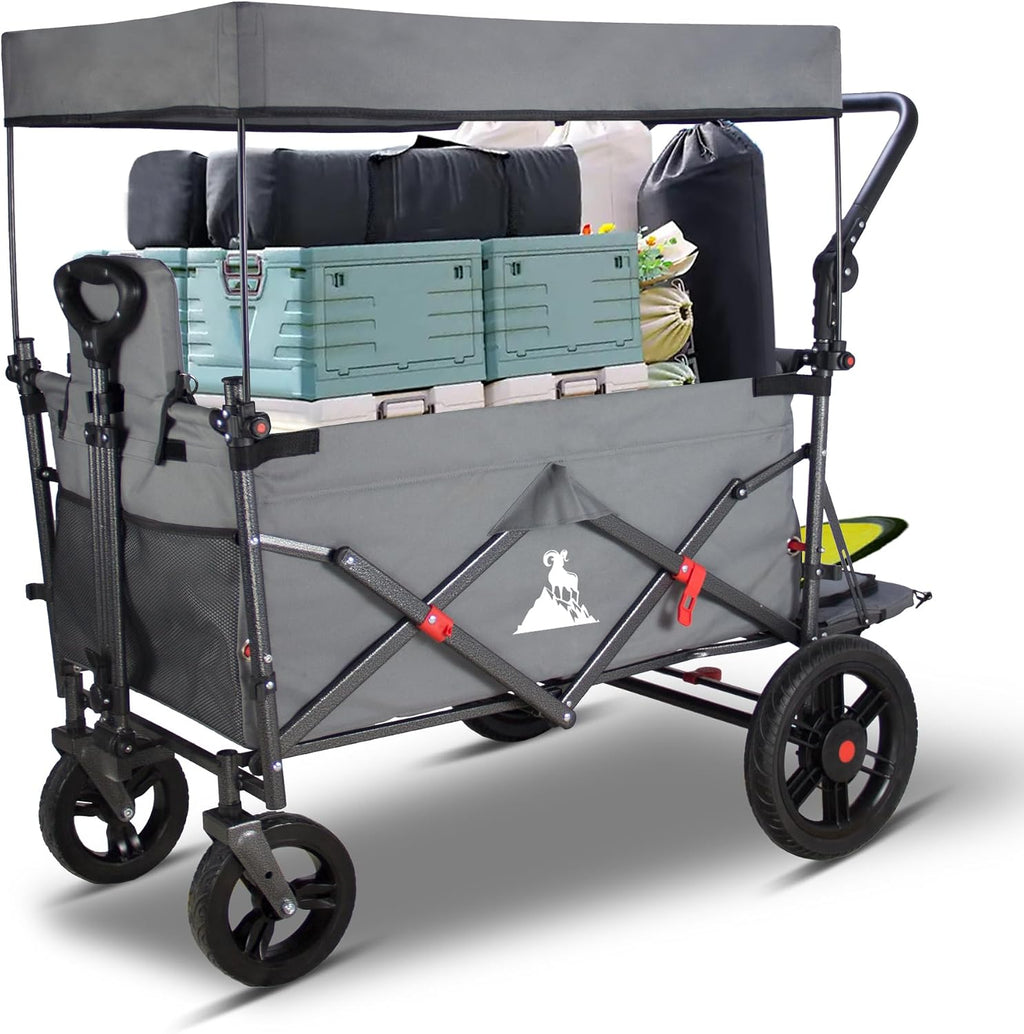 Collapsible Foldable Wagon Cart with All Terrain Wheels &Canopy& 2 Seats- Heavy Duty Utility Wagon 265 lbs Capacity for Camping, Garden, Shopping (Grey)