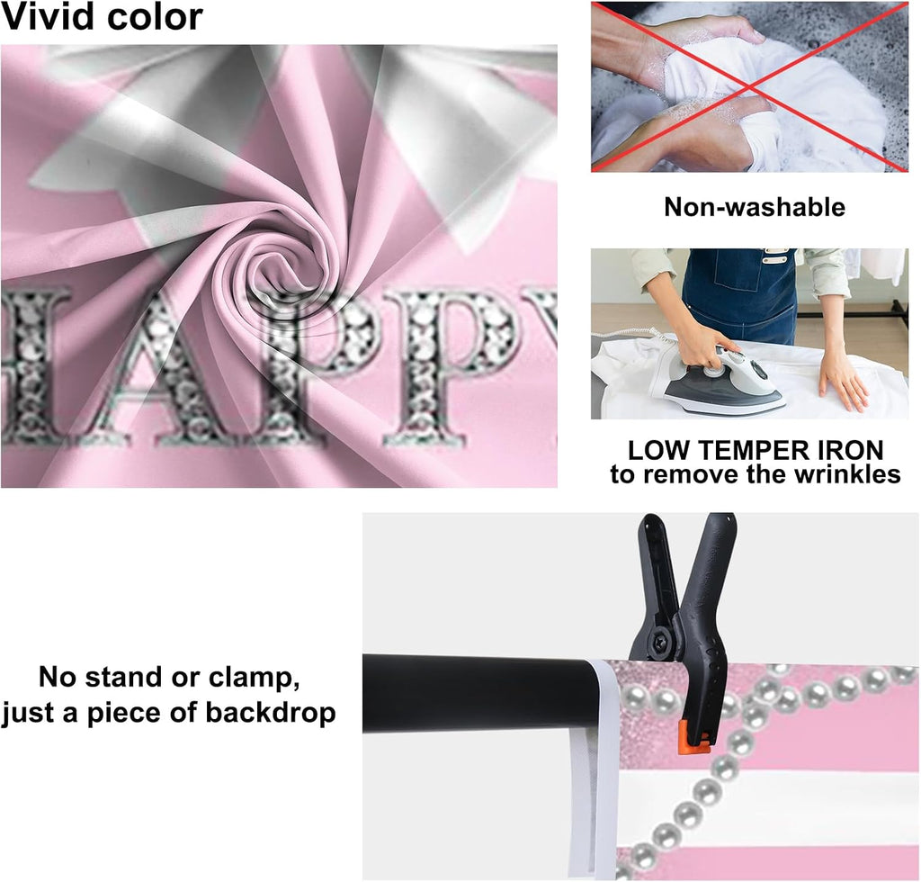20x10ft Pink Happy Birthday Backdrop Photography Background Silver Bowknot Pearl Necklace Diamonds Backdrop Birthday Party Girls Princess Portrait Photo Studio Video Props