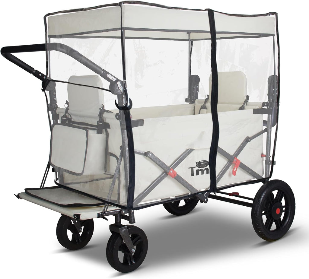 TMZ Foldable Wagon with Rain Cover & 2 Seats, Collapsible Folding Wagon with Adjustable Handle Bar, Multi Functional Cart with Canopy, Front Expandable Garden Cart (Transparent/Beige)