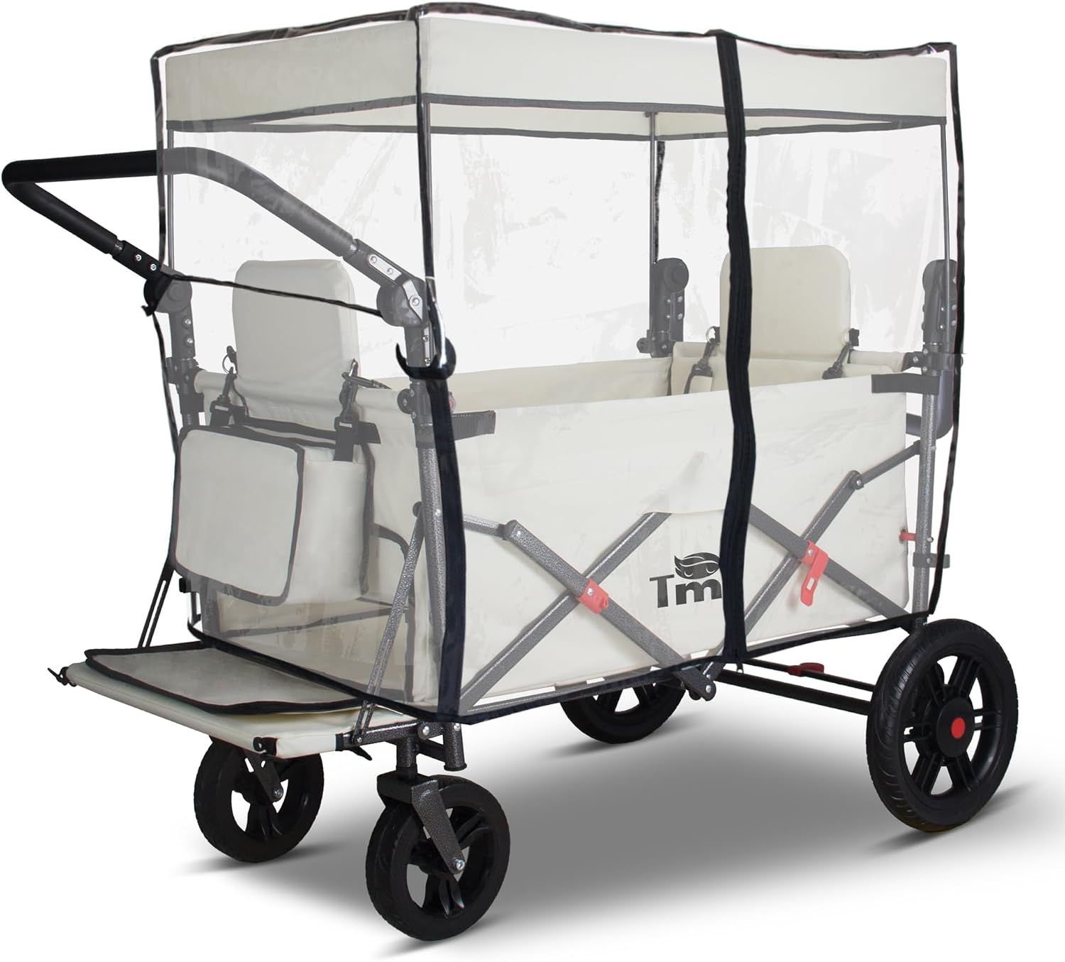 TMZ Foldable Wagon with Rain Cover & 2 Seats, Collapsible Folding Wagon with Adjustable Handle Bar, Multi Functional Cart with Canopy, Front Expandable Garden Cart (Transparent/Beige)