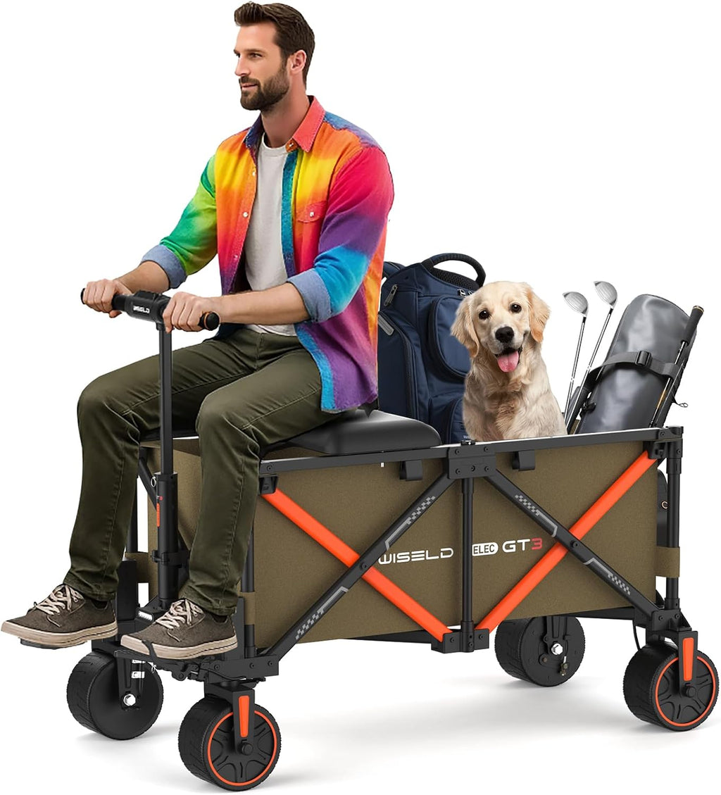 WISELD GT3 Electric Wagon Cart with Seat*1 Battery*1, All Terrain Wheels 772lbs Large Capacity Multi-Purpose Wagon for Effortless Moving,Grocery Shopping, Sports, Fishing, Garden and Camping(Khaki)