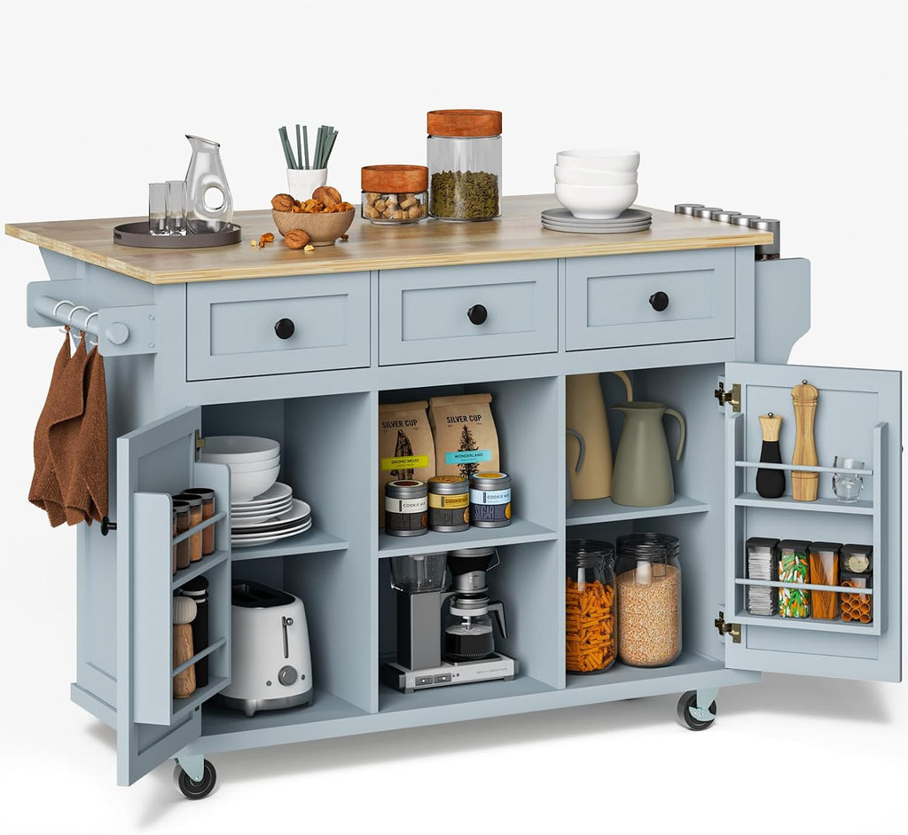 Rovibek Kitchen Island with Drop Leaf 53in Rolling Kitchen Island On Wheels with Storage Mobile Kitchen Island Cart Portable with Drawer and Storage Cabinet, Spice Rack, Towel Rack, Grayish Blue