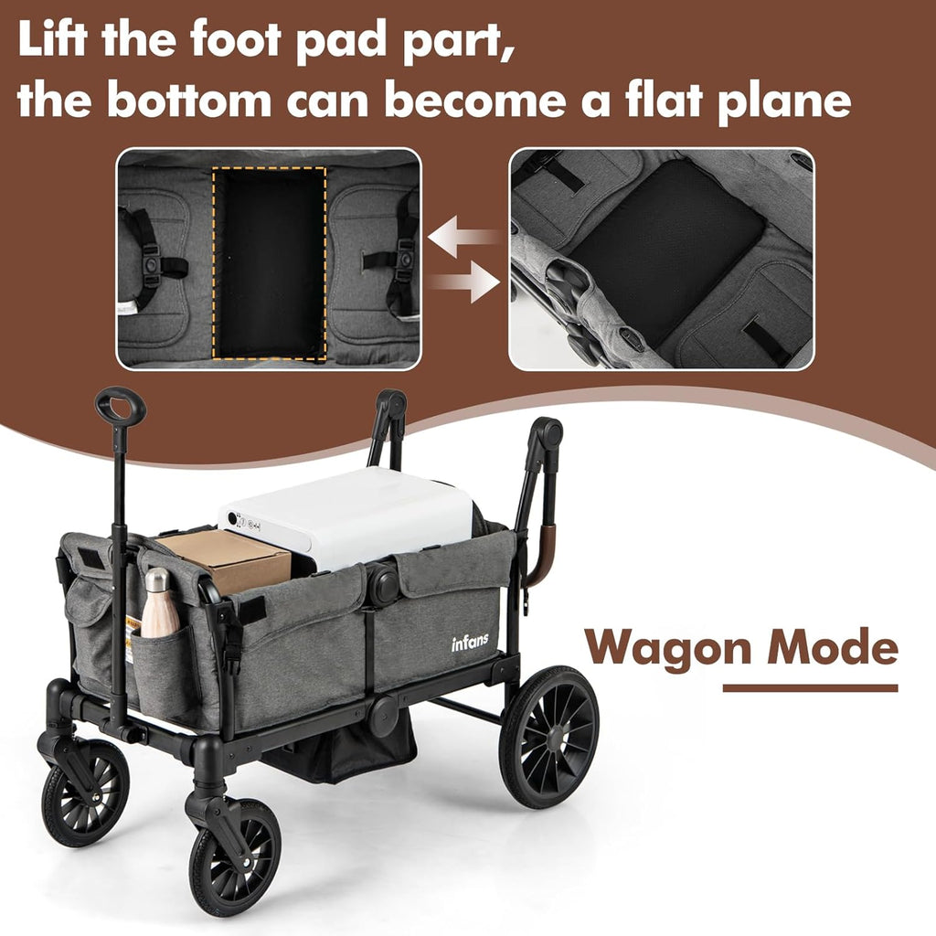 INFANS Wagon Stroller for 2 Kids, Collapsible Adjustable Push Pull Handle Bar, 2 Seater Stroller Wagon with Removable Canopy Snack Tray, Comfortable Drop-Down footwell and Upholstered Seats
