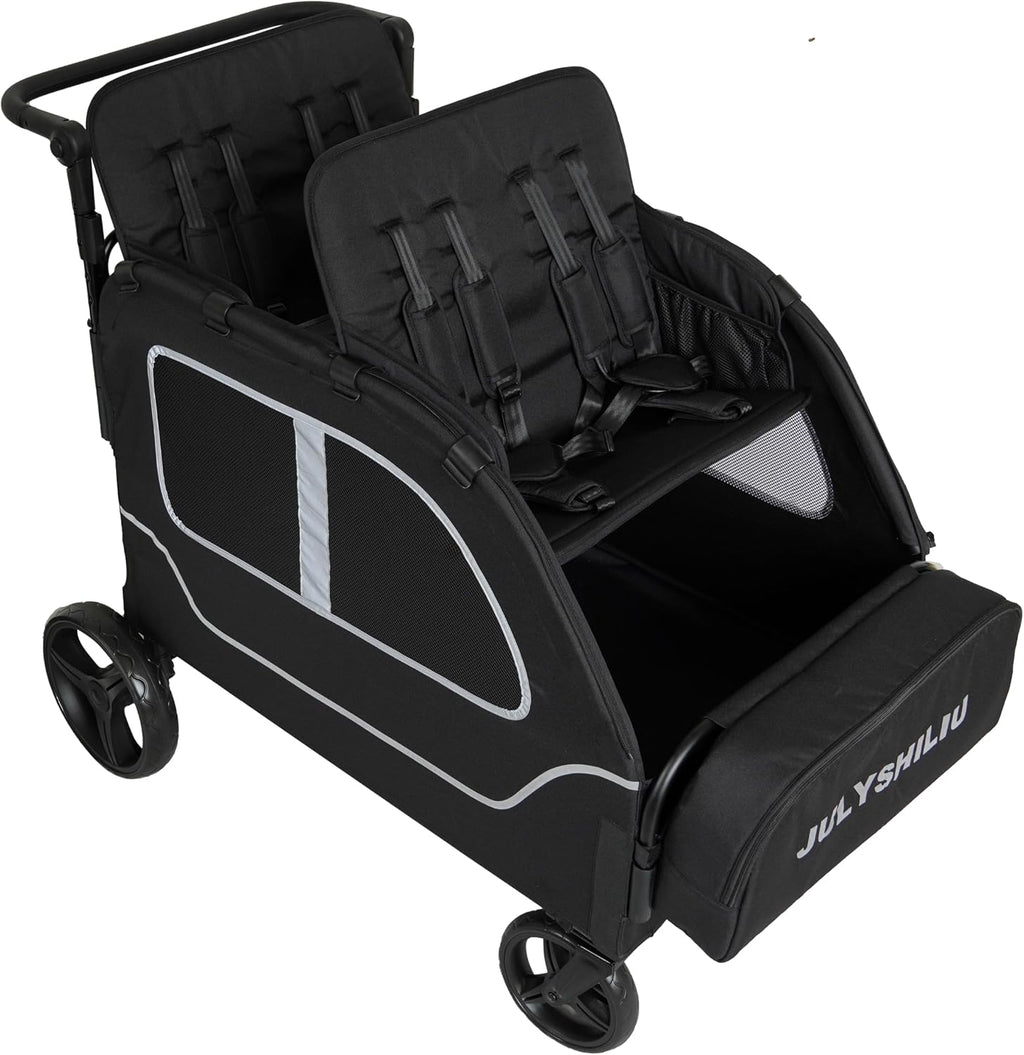 Car-Shaped Large 4 Seater Stroller Wagon for 2 3 Kids Toddler Child Foldable All-Terrain with Removable Canopy, 5-Point Harness, Storage Bag for Shopping Outdoor, Black