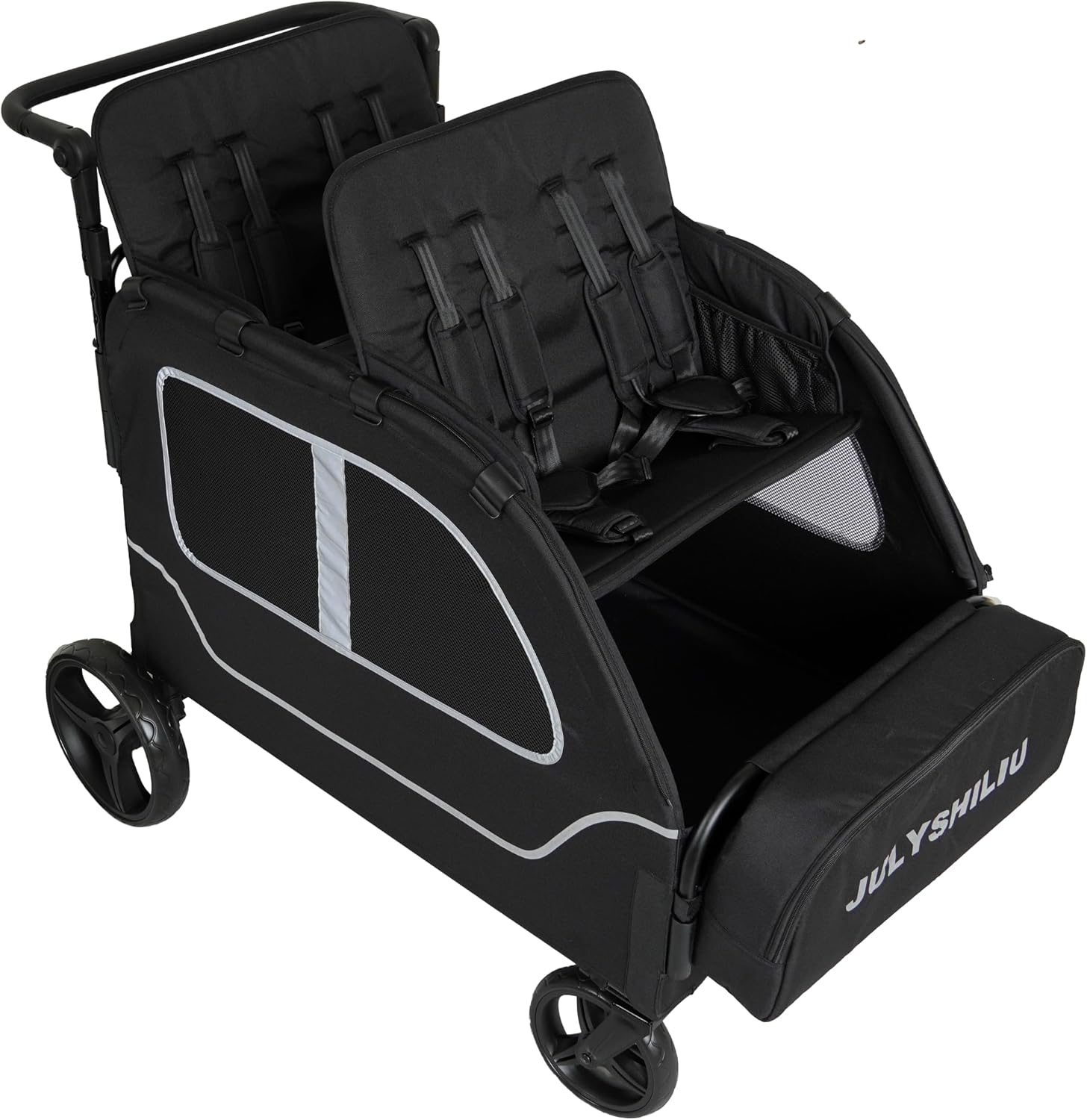 Car-Shaped Large 4 Seater Stroller Wagon for 2 3 Kids Toddler Child Foldable All-Terrain with Removable Canopy, 5-Point Harness, Storage Bag for Shopping Outdoor, Black