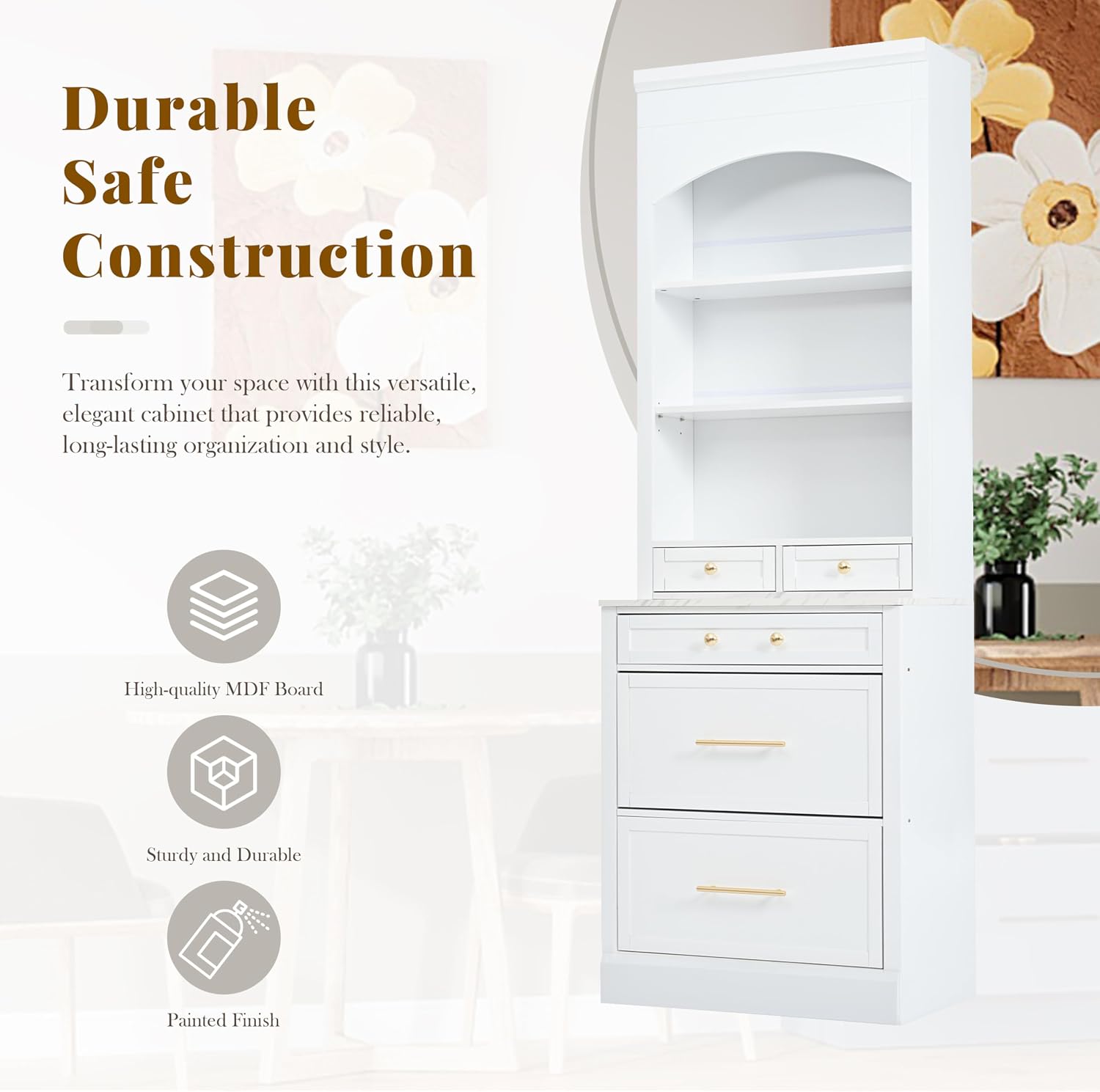 84' Faux Marble-Top Freestanding Storage Cabinet, Kitchen Storage Bakers Rack with 5 Drawers, Utility Food Cupboard with Adjustable Shelf for Kitchen/Dining Room/Living Space, White