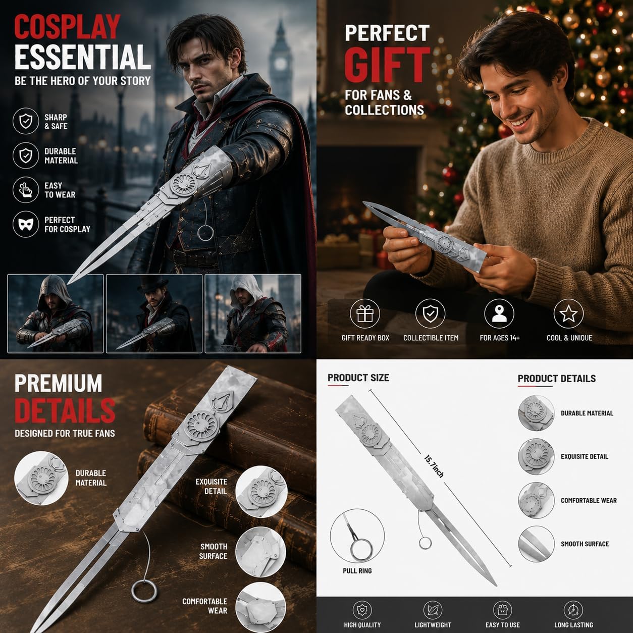 Metal Hidden Blade 1:1 Replica Retractable Stainless Steel Props Telescopic Mechanism for Cosplay & Collectors (Ezio)
