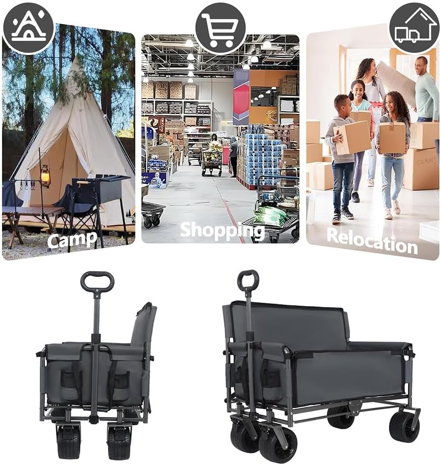3-in-1 Convertible Folding Wagon Cart with Seat & Storage, 500lbs Heavy-Duty Utility Wagon, 180L Capacity, All-Terrain 360° Swivel Wheels for Camping, Beach, Sports, Garden (Gray)
