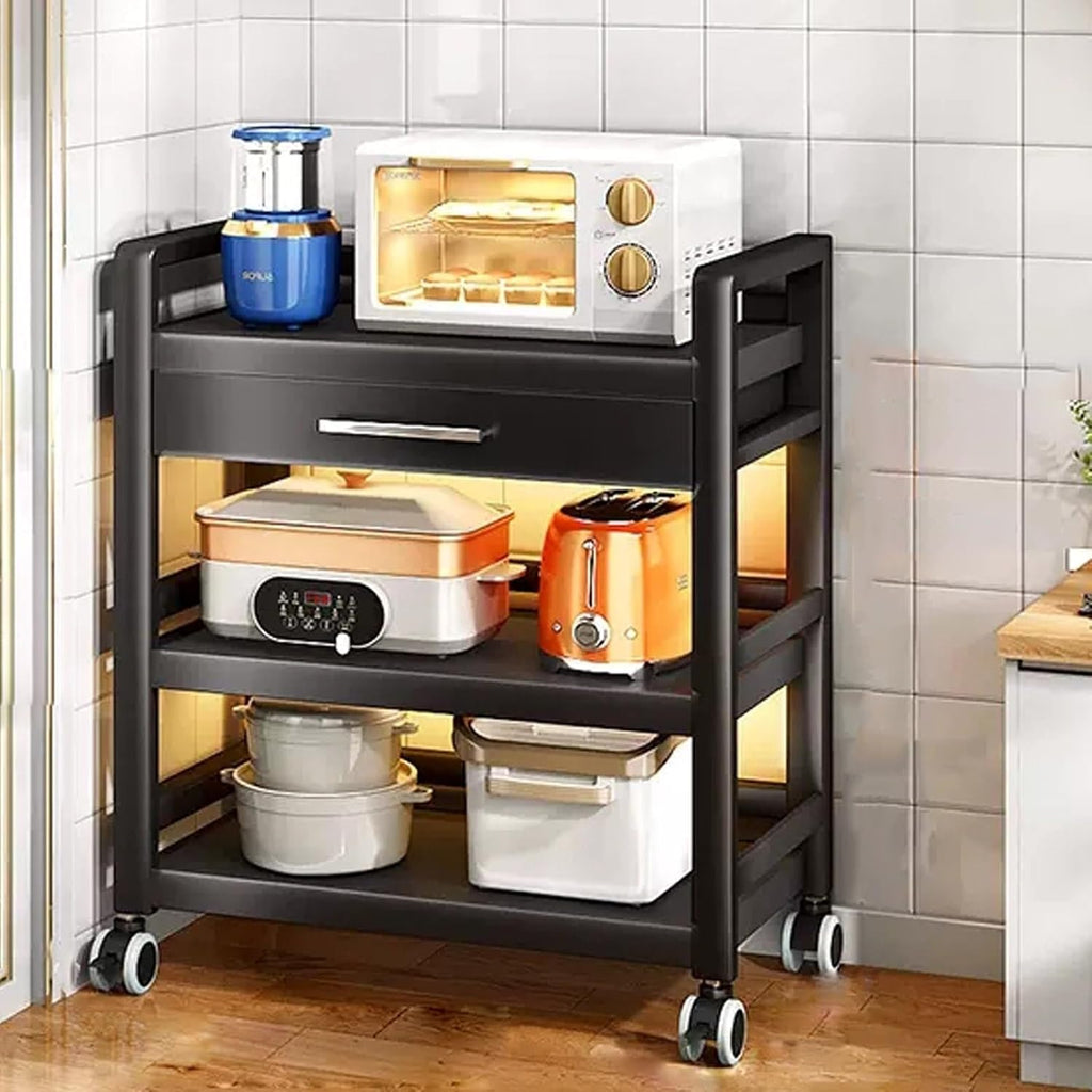 Microwave Stand with Drawer, Metal Baker's Rack for Kitchen Storage, Standing Shelf with Casters, Versatile Oven Rack for Home, Living Room & Hallway (Black)(Black,50x39x103cm)