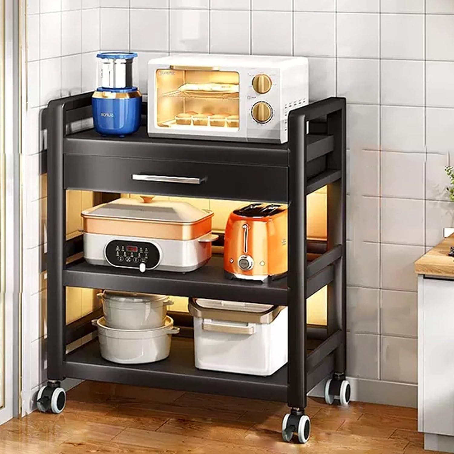 Microwave Stand with Drawer, Metal Baker's Rack for Kitchen Storage, Standing Shelf with Casters, Versatile Oven Rack for Home, Living Room & Hallway (Black)(Black,50x39x132cm)