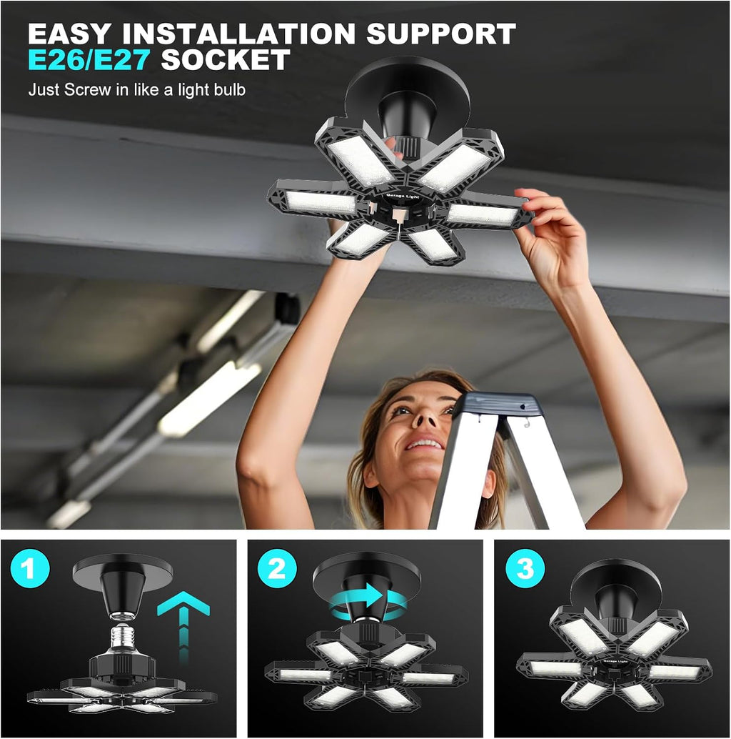 Led Garage Lights Bulb 10 Pack 120W Super Bright Ceiling Led Shop Lights 6 Deformable Panels Screw in E26/E27 6500K 12000 LM Deformable Garage Light Ideal for Basement Attic and Workshop