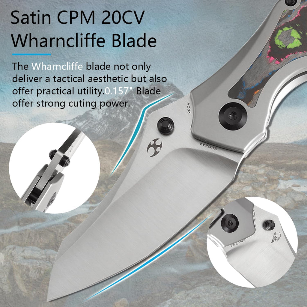 KANSEPT Baba Yaga Pocket Folding Knives for Men Women Camping Hiking Folding Knife 3.06'' Satin CPM 20CV Blade EDC Knife with Bead Blasted Titanium 80S Camo Carbon Inlay Handle Everyday Carry K1074A4
