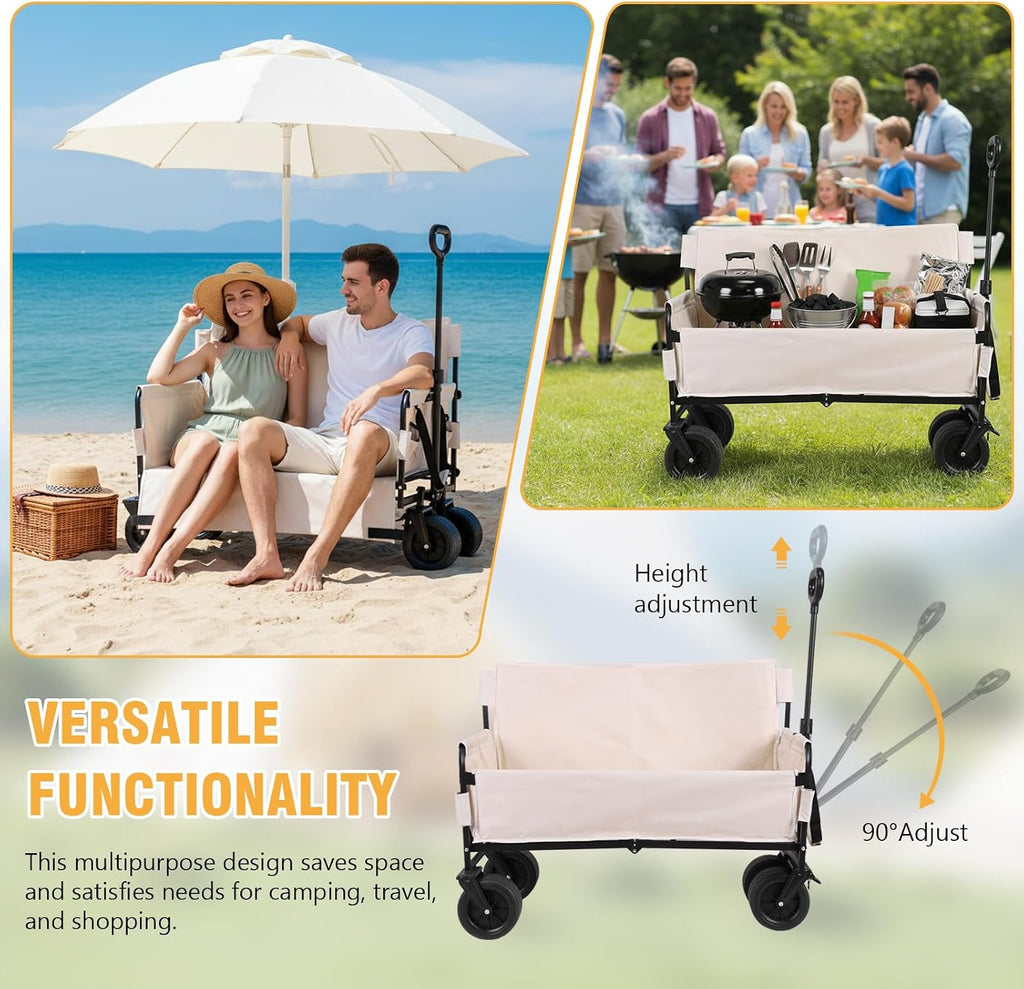 Large Capacity Collapsible Wagon Cart with Big Wheels Heavy Duty Collapsible Utility Wagon for Groceries Garden Sport (Beige)