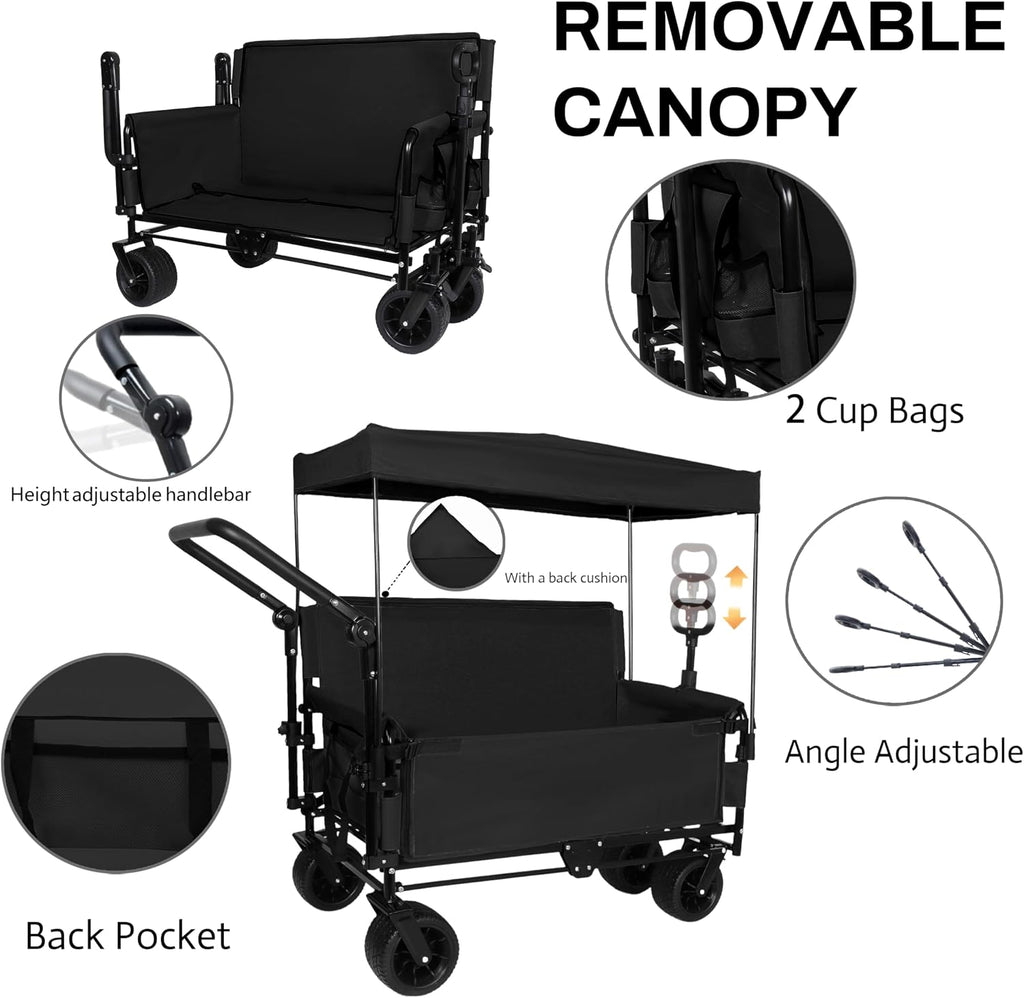 3 in 1 Folding Wagon Cart with Bench Seat Canopy Storage, 500lbs Heavy Duty, 180L Capacity, All Terrain Wagon for Camping, Beach, Sports, Garden, Black