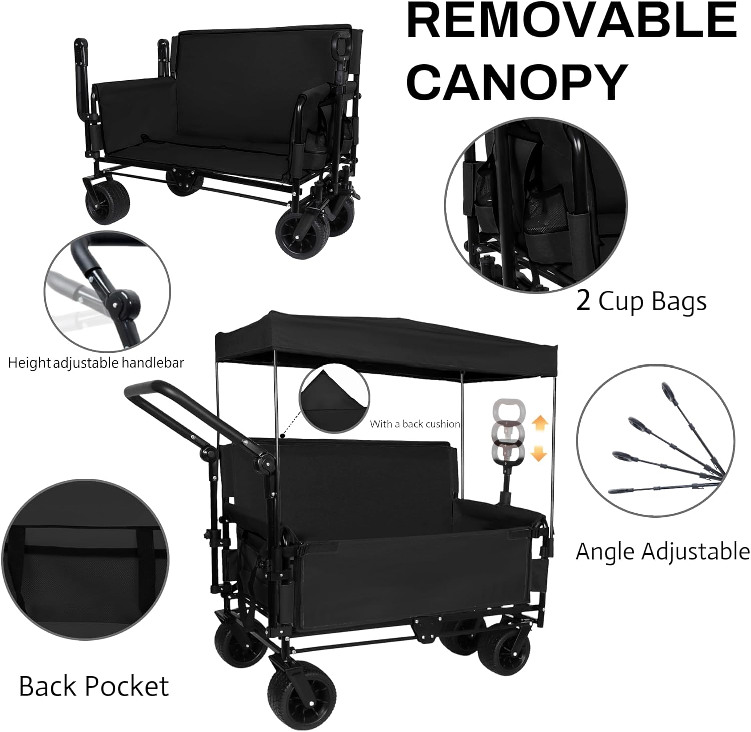 3-in-1 Heavy-Duty Folding Wagon Cart with Adjustable Canopy & Bench Seat – 500lbs Capacity, All-Terrain Utility Cart for Camping, Beach, Sports, Garden Storage (Black)