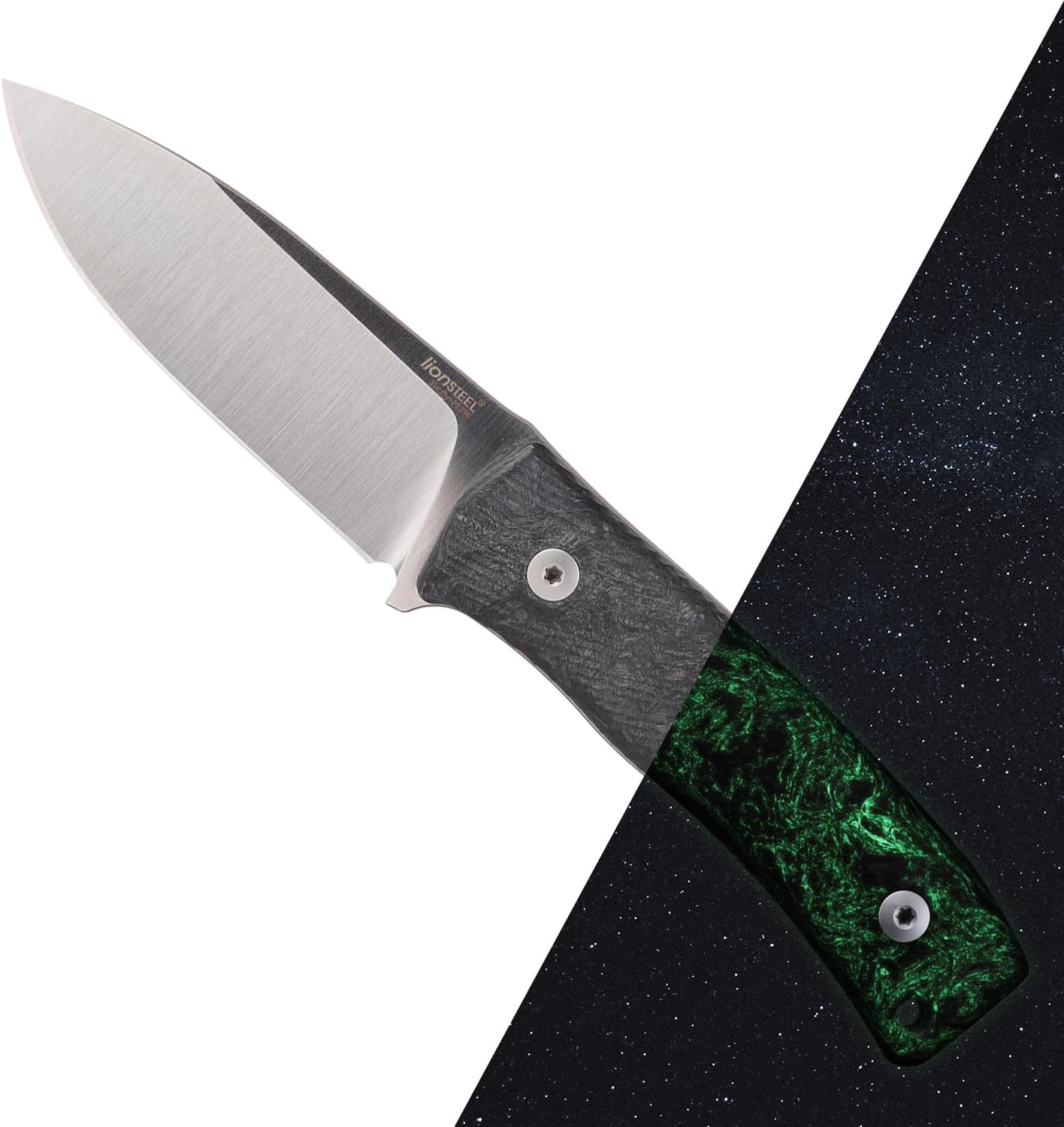 LionSTEEL M4 Fixed Blade FatCarbon Glow in the Dark Carbon Fiber Handle Scales, Full Extended Tang Construction, M390 Steel Blade, Triple Stitched Leather Sheath, KAVISO Exclusive
