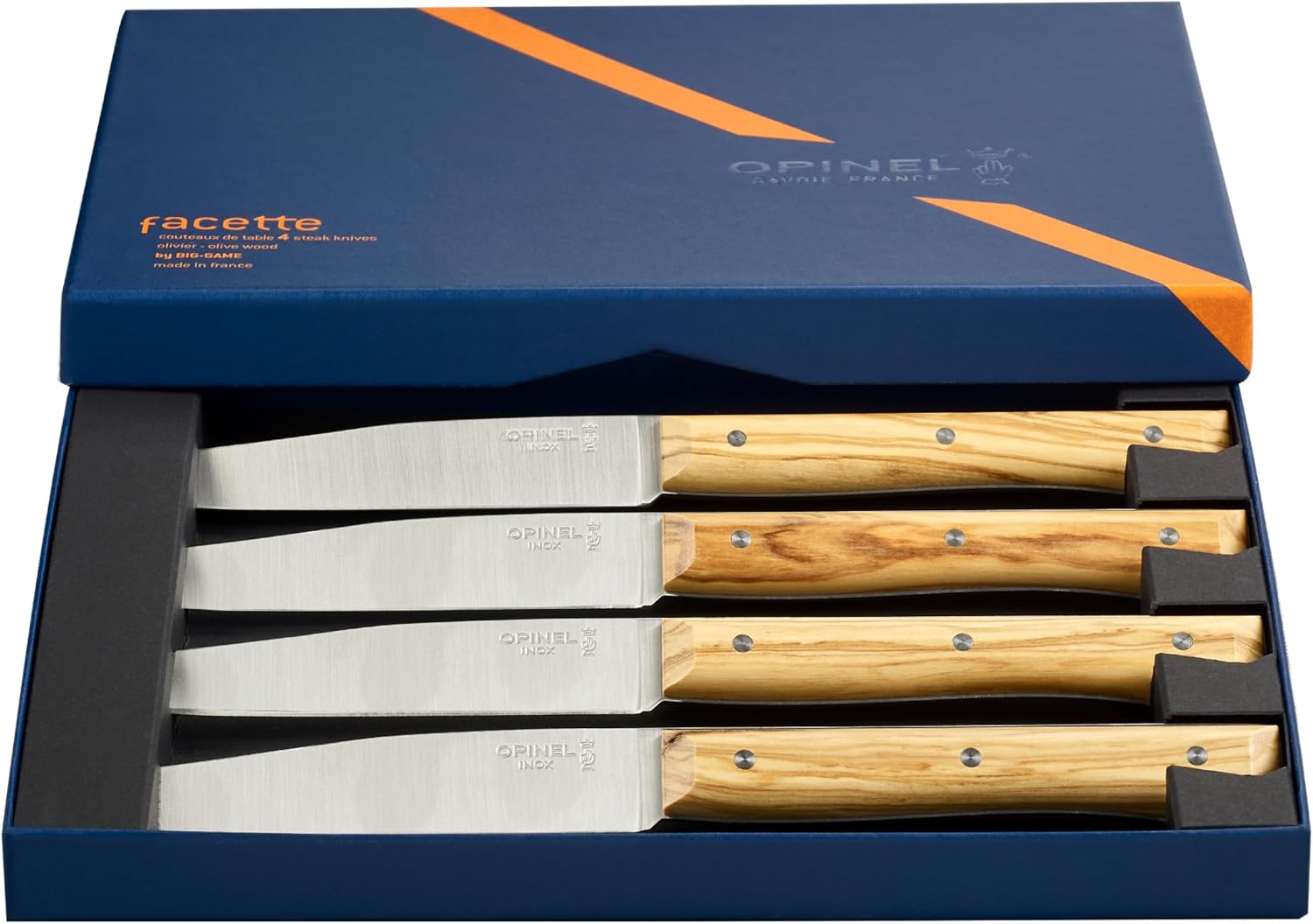 OPINEL Facette Steak Knife Set – Full Tang Table Knife Setting for 4, Comfortable Riveted Handle in Premium Woods and Vitter Eco, Made in France (Olive Wood)