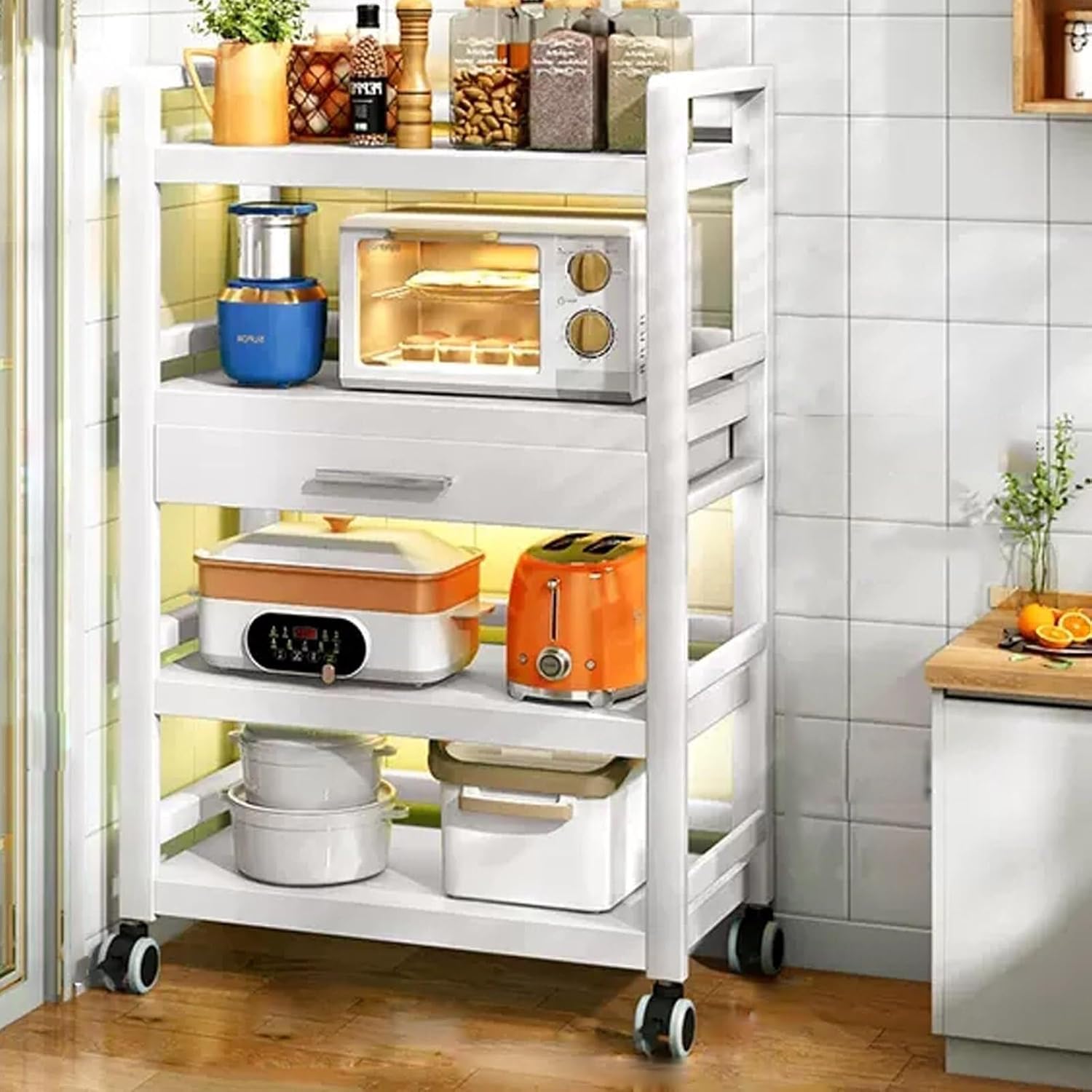 Microwave Stand with Drawer, Metal Baker's Rack for Kitchen Storage, Standing Shelf with Casters, Versatile Oven Rack for Home, Living Room & Hallway (Black)(Black,50x39x132cm)