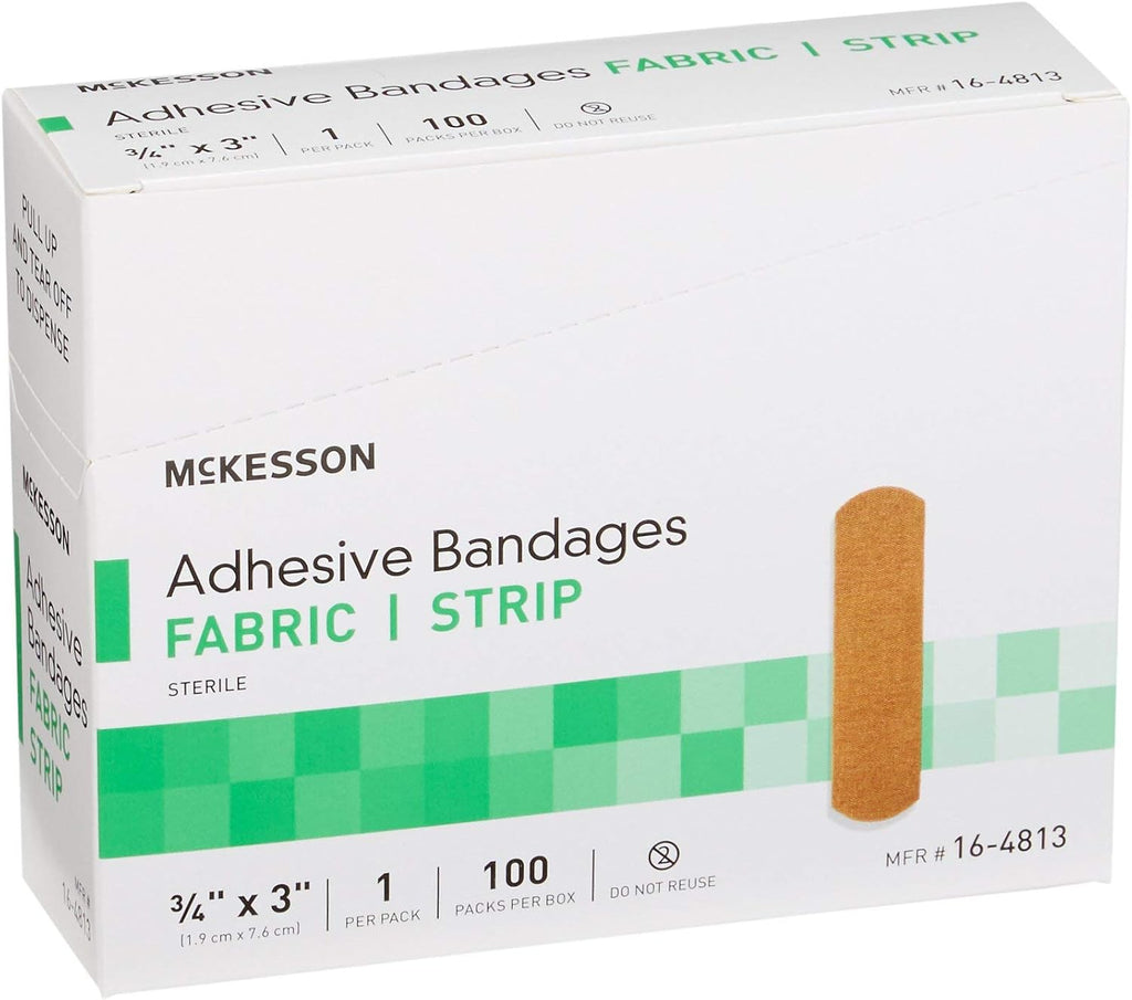 McKesson Adhesive Bandages, Sterile, Fabric Strip, 3/4 in x 3 in, 100 Count, 24 Packs, 2400 Total