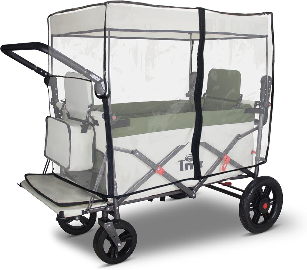 TMZ Foldable Wagon with Rain Cover & 2 Seats, Collapsible Folding Wagon with Adjustable Handle Bar, Multi Functional Cart with Canopy, Front Expandable Garden Cart (Transparent/Green)