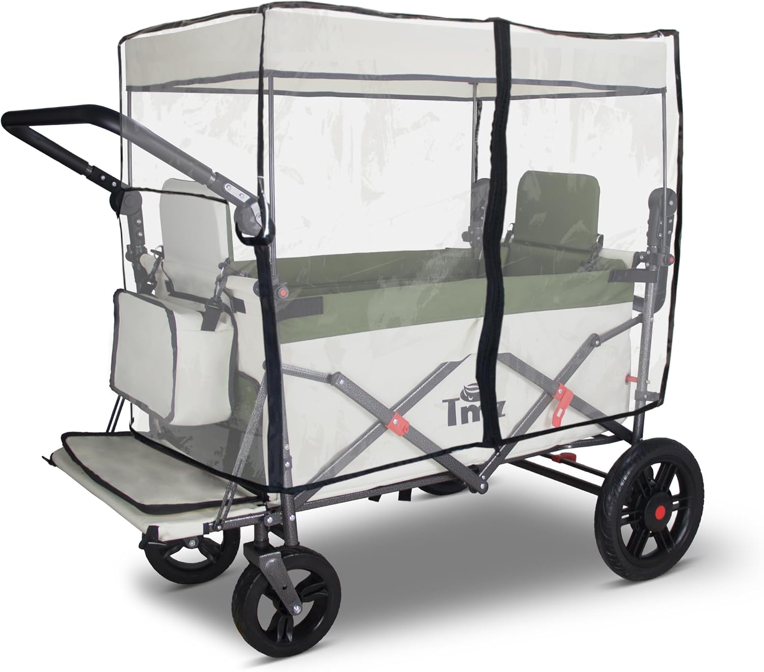TMZ Foldable Wagon with Rain Cover & 2 Seats, Collapsible Folding Wagon with Adjustable Handle Bar, Multi Functional Cart with Canopy, Front Expandable Garden Cart (Transparent/Green)