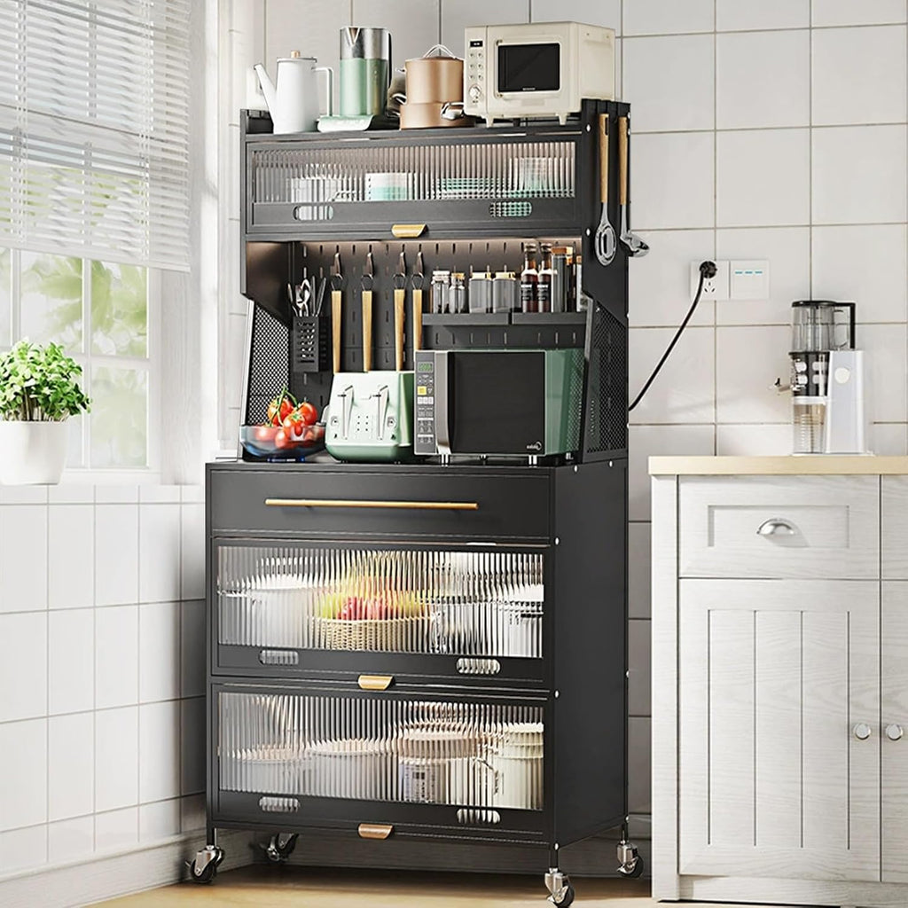 5-Tier Standing Kitchen Baker's Rack, 5 Tiers Storage Cabinet for Kitchen, with Drawers, for Kitchen Hutch, Home, Office, Pantry(Black,60cm)