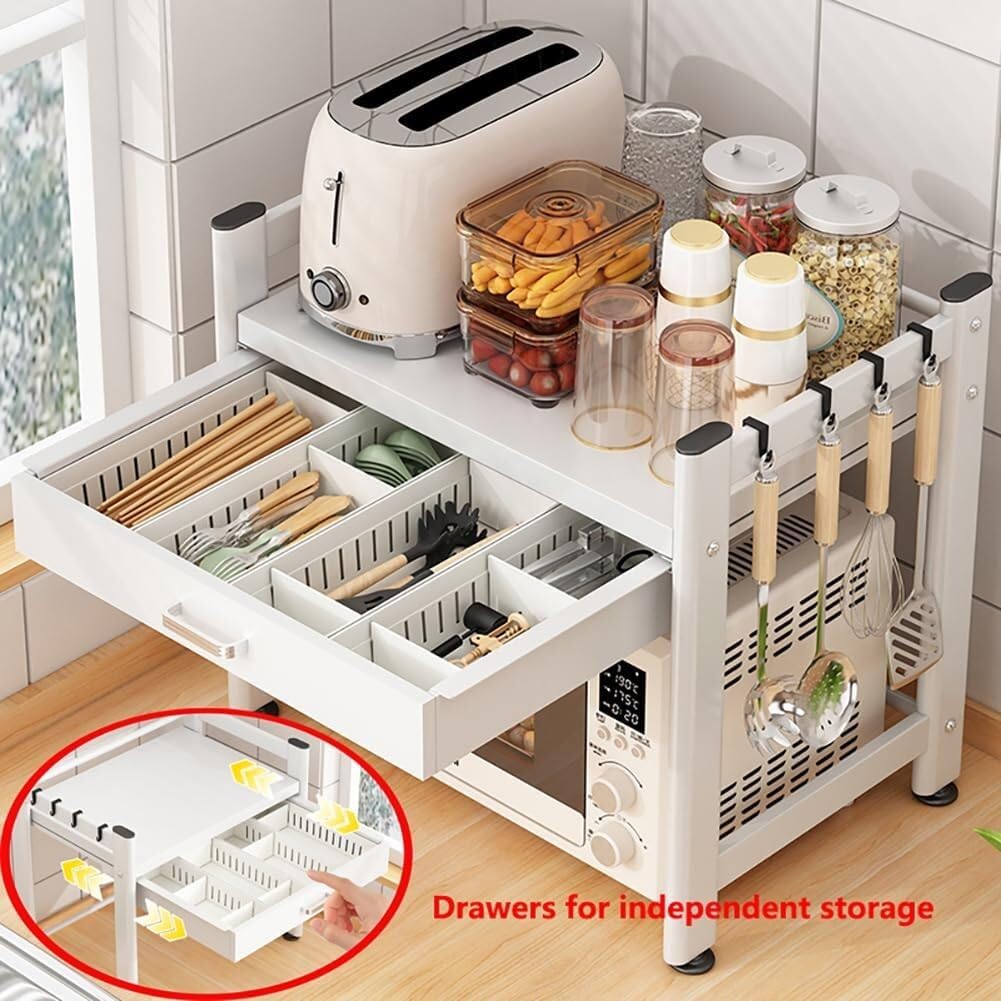 Microwave/Toaster Kitchen Microwave Oven Rack with Drawer Kitchen Storage Rack Multi -Layer Electrical Rice Cooker Standing Rack Shelf Organizer(White)