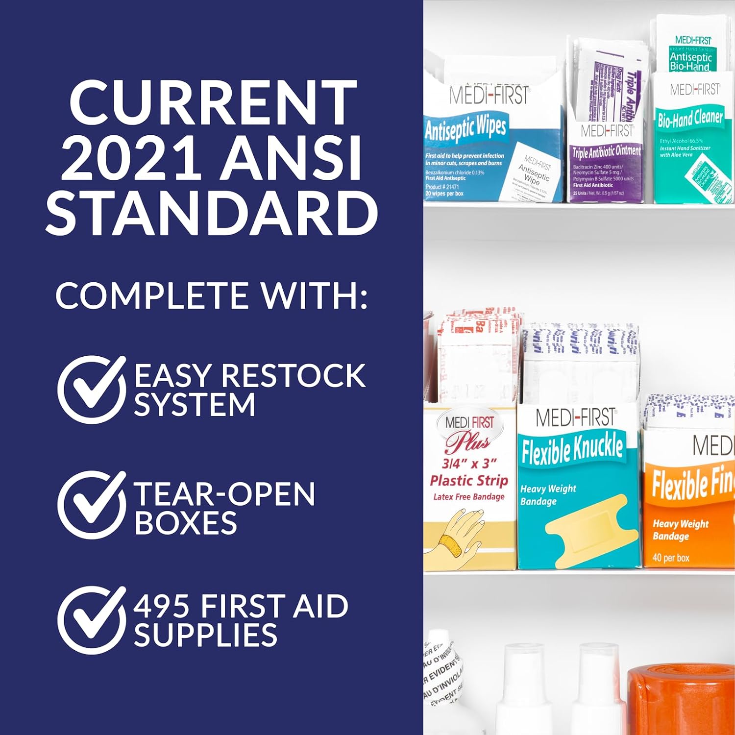 MFASCO 2021 ANSI/OSHA Compliant First Aid Kit - Large, Commercial 3-Shelf Metal Cabinet for Businesses, Wall Mountable - with Medications - ANSI Standard 2021 First Aid Kits, Class B Fill