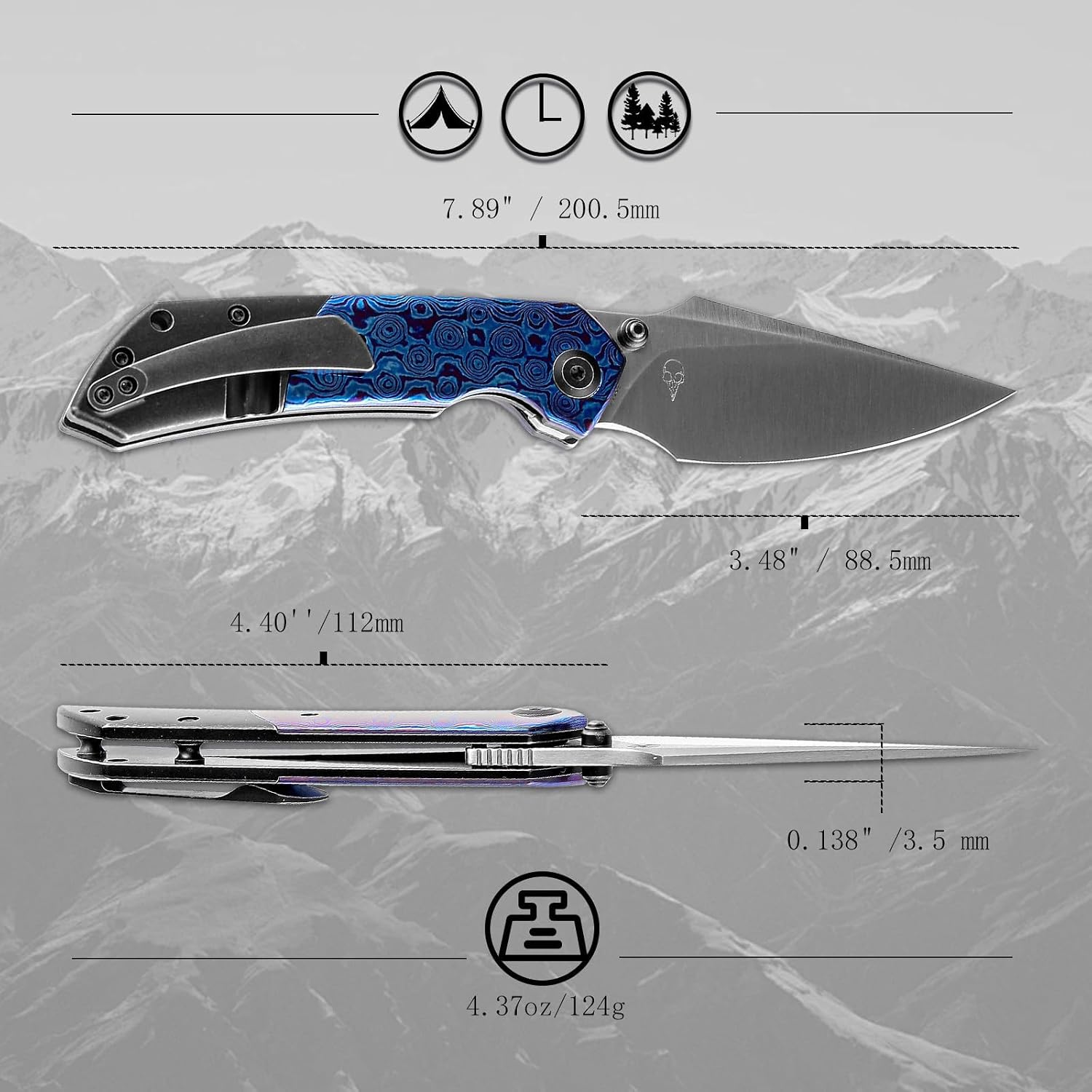 KANSEPT Fenrir Pocket Knife, 3.48' Satin CPM-S35VN Harpoon Blade, Blackwash Titanium Handle Timascus Inlay, Thumb Stud & Liner Lock with Deep Clip EDC Knives for Camping Hunting Survival K1034A7
