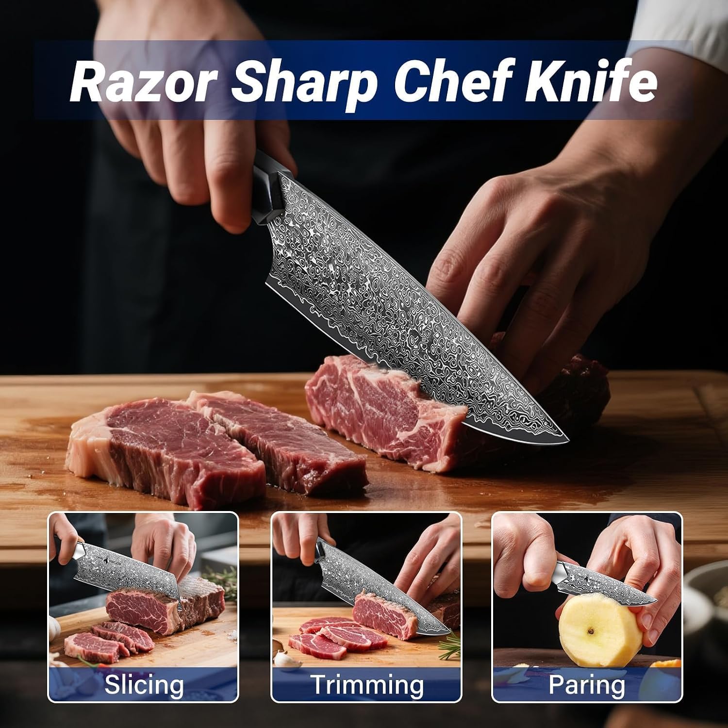 Golden Bird Damascus Kitchen Knife Set, 3 PCS Chef Knife Set Professional, Razor Sharp 67 Layers Damascus Japanese Knives Set for Kitchen with Wood Handle,Gifts for Men Women