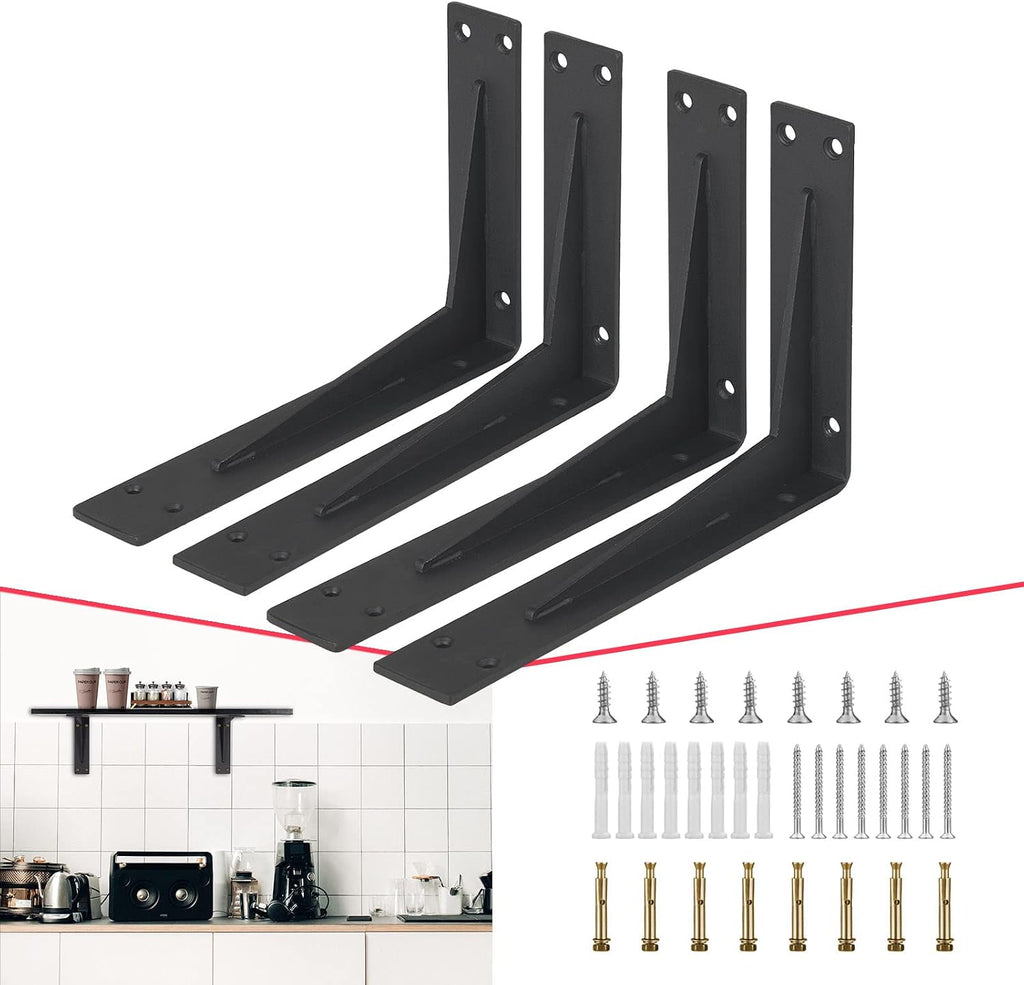CLT 20' Black Shelf Bracket, 1/5' Thick – Heavy Duty Corner Brace, Supports 550 lbs, Industrial Modern Farmhouse Style – Right Angle Bracket for Tables, Benches, DIY Space-Saving Projects (Pack of 4)