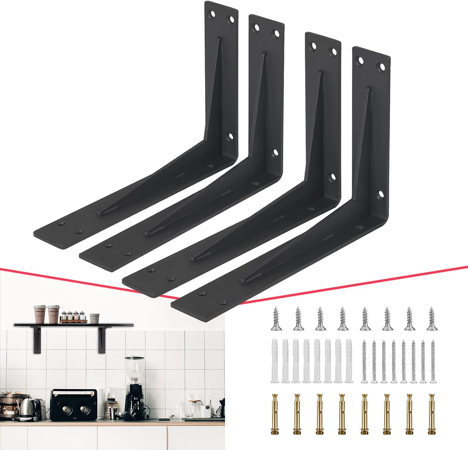 CLT 20' Black Shelf Bracket, 1/5' Thick – Heavy Duty Corner Brace, Supports 550 lbs, Industrial Modern Farmhouse Style – Right Angle Bracket for Tables, Benches, DIY Space-Saving Projects (Pack of 4)
