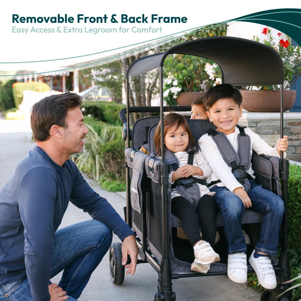 WonderFold W4 Elite Pro Stroller Wagon - Foldable Wagon with Aluminum Frame - Adjustable Canopy & Push Handle - All-Terrain Wheels - For Babies, Toddlers & Kids - 4 Seater - Jet Black
