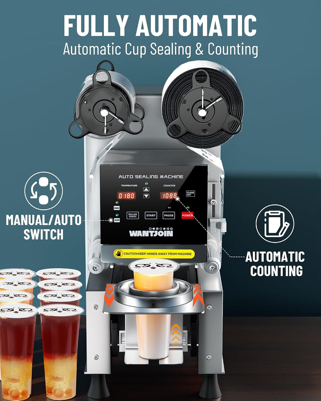 WantJoin Cup Sealing Machine Full Automatic Cup Sealer Machine 90/95mm 35.4/37.4in Electric Cup Sealing Machine 500-650 Cups/H Digital Control LCD Panel Cup Sealer for Bubble Milk Tea Coffee Grey…