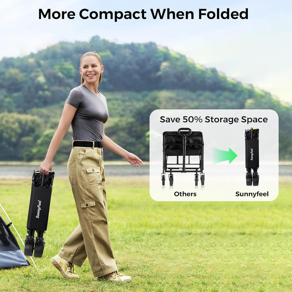 SUNNYFEEL 550L Large Capacity Double Decker Wagon, 550LBS Heavy Duty Collapsible Sports Wagon, Extra High Extender Wagon Cart with Tailgate, All-Terrain Big Wheels for Camping Fishing Beach, Black