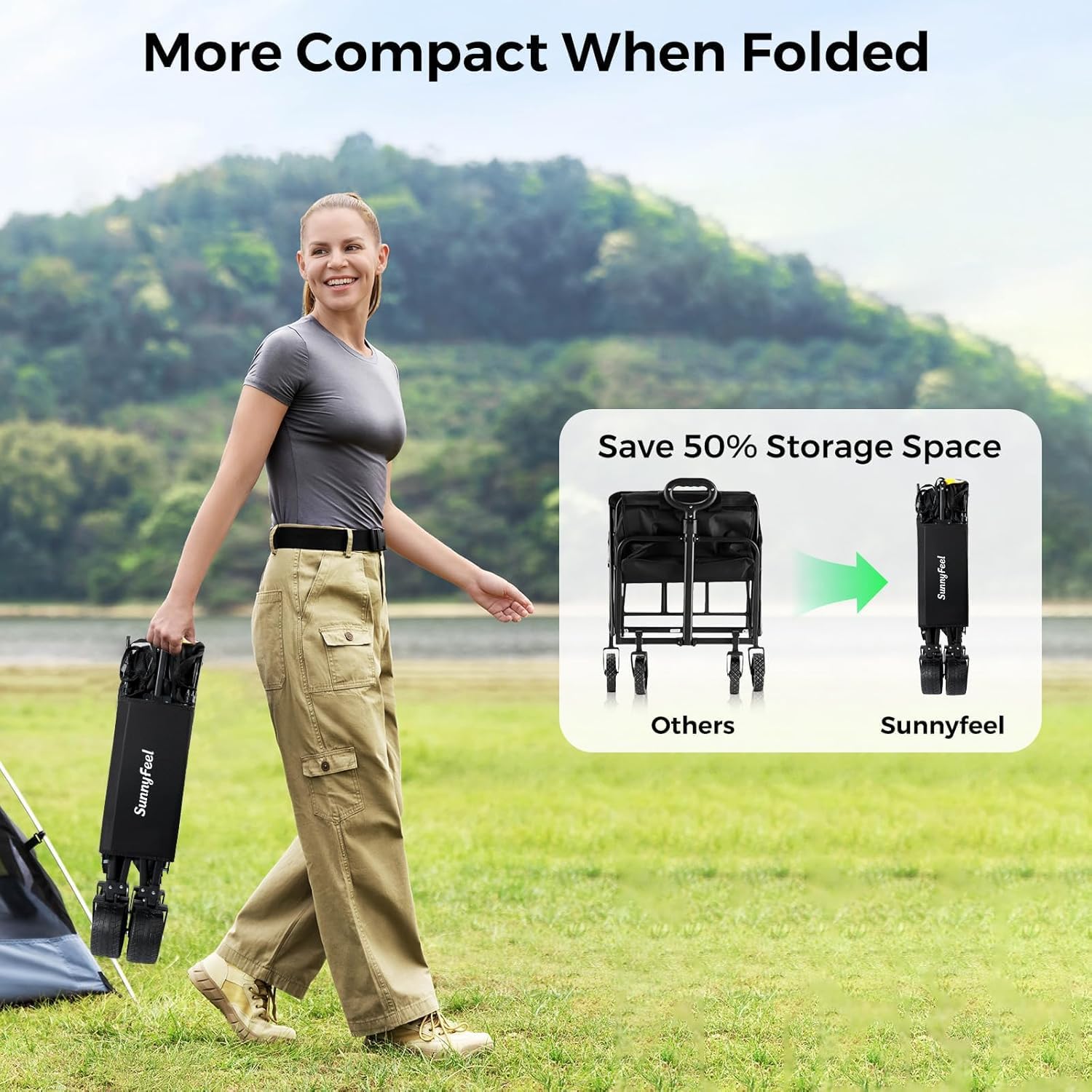 SUNNYFEEL 550L Large Capacity Double Decker Wagon, 550LBS Heavy Duty Collapsible Sports Wagon, Extra High Extender Wagon Cart with Tailgate, All-Terrain Big Wheels for Camping Fishing Beach, Black