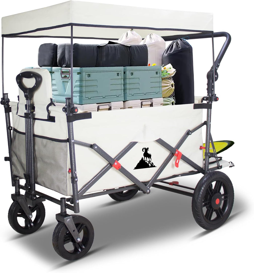 Collapsible Foldable Foldable Wagon Cart with Quick-Release Wheels & 2 Seats Camping Wagon- Heavy-Duty Utility Wagon 265LBS Capacity for Camping, Garden, Shopping (Beige)