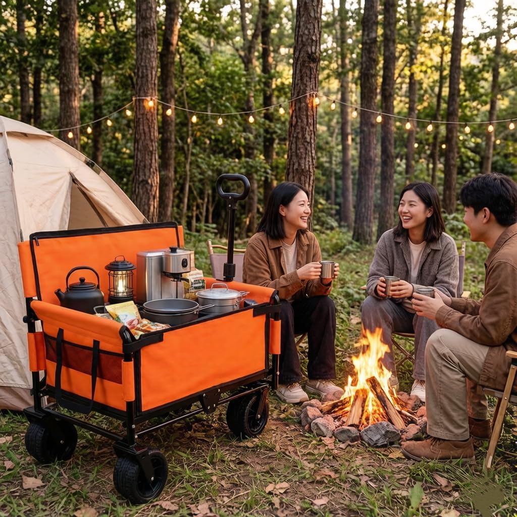 3-in-1 Convertible Folding Wagon Cart with Bench Seat & Storage - 500lbs Heavy-Duty Utility Wagon, 180L Capacity All-Terrain Wheels for Camping, Beach, Sports, Garden (Orange)