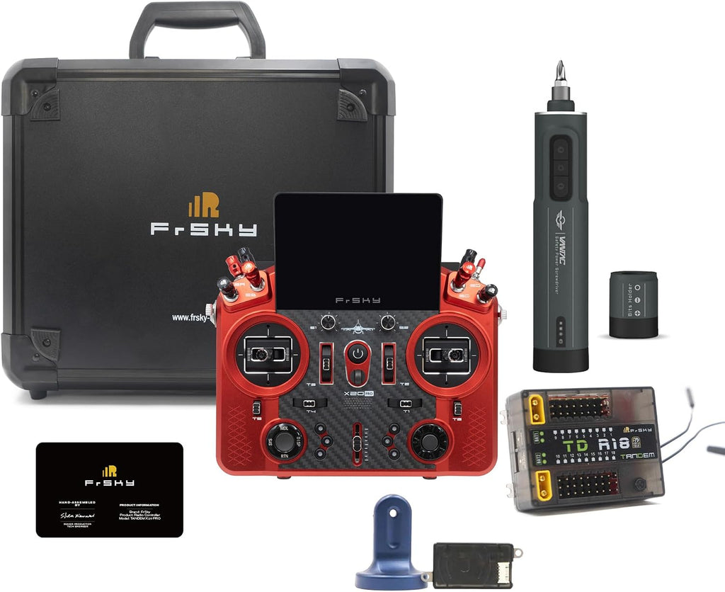 FrSky Tandem X20 PRO AW Radio Transmitter (Battleship Grey) Ultimate Combo - Includes TD SR18 Receiver, Remote NFC Panel & VANTAC Electric Screwdriver, Dual-Band 24CH Flagship System