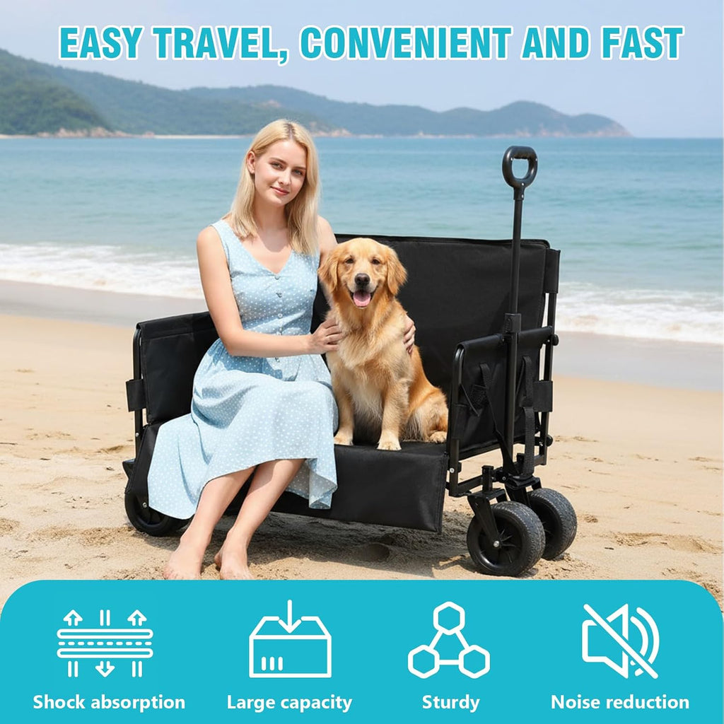 Large Capacity Collapsible Wagon Cart with Wheels Heavy Duty Collapsible Utility Wagon for Groceries Garden Sport (Black)