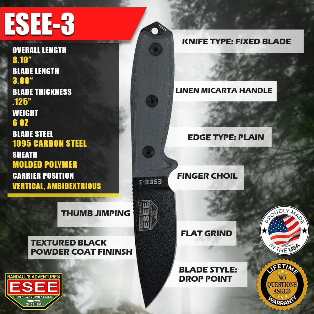 ESEE 3P Fixed Blade Knife with Grey Micarta Scale Handles and Coyote Molded Sheath