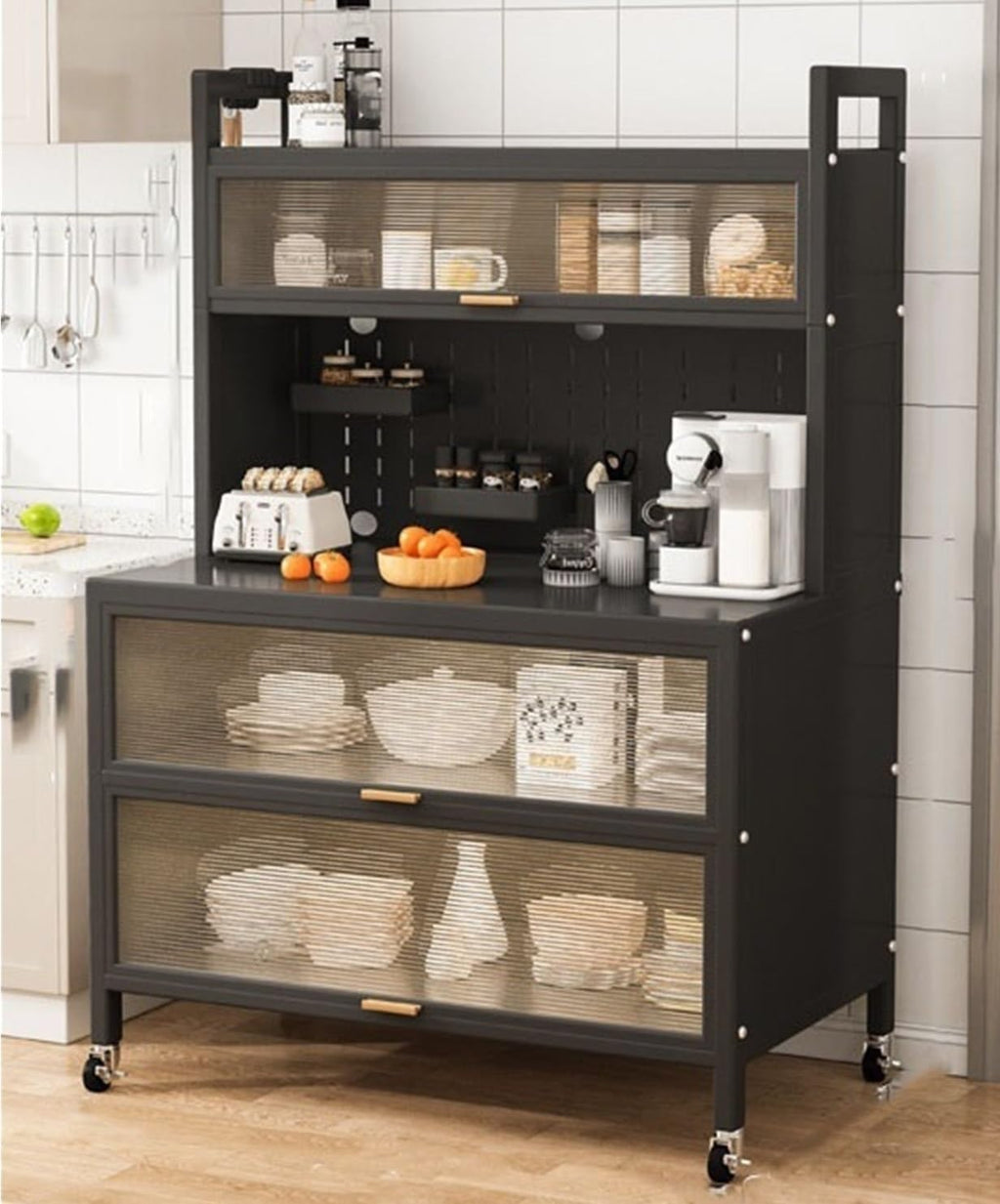 5-Tier Bakers Rack for Kitchen l Sideboard Baker's Storage Cabinet Multifunctional Microwave Stand with Accessories Storage Cabinets with Flip Door for Home,Living Room