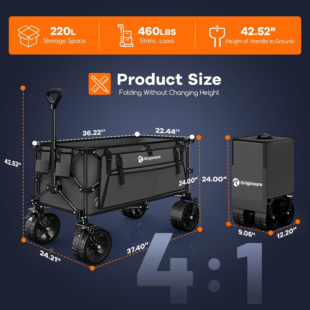 Originsure 220L Collapsible Wagon Cart Foldable, 460lbs Load Capacity Heavy Duty Folding Beach Wagons with Big All-Terrain Wheels, Utility Carts for Groceries, Shopping, Camping, Sports - Grey