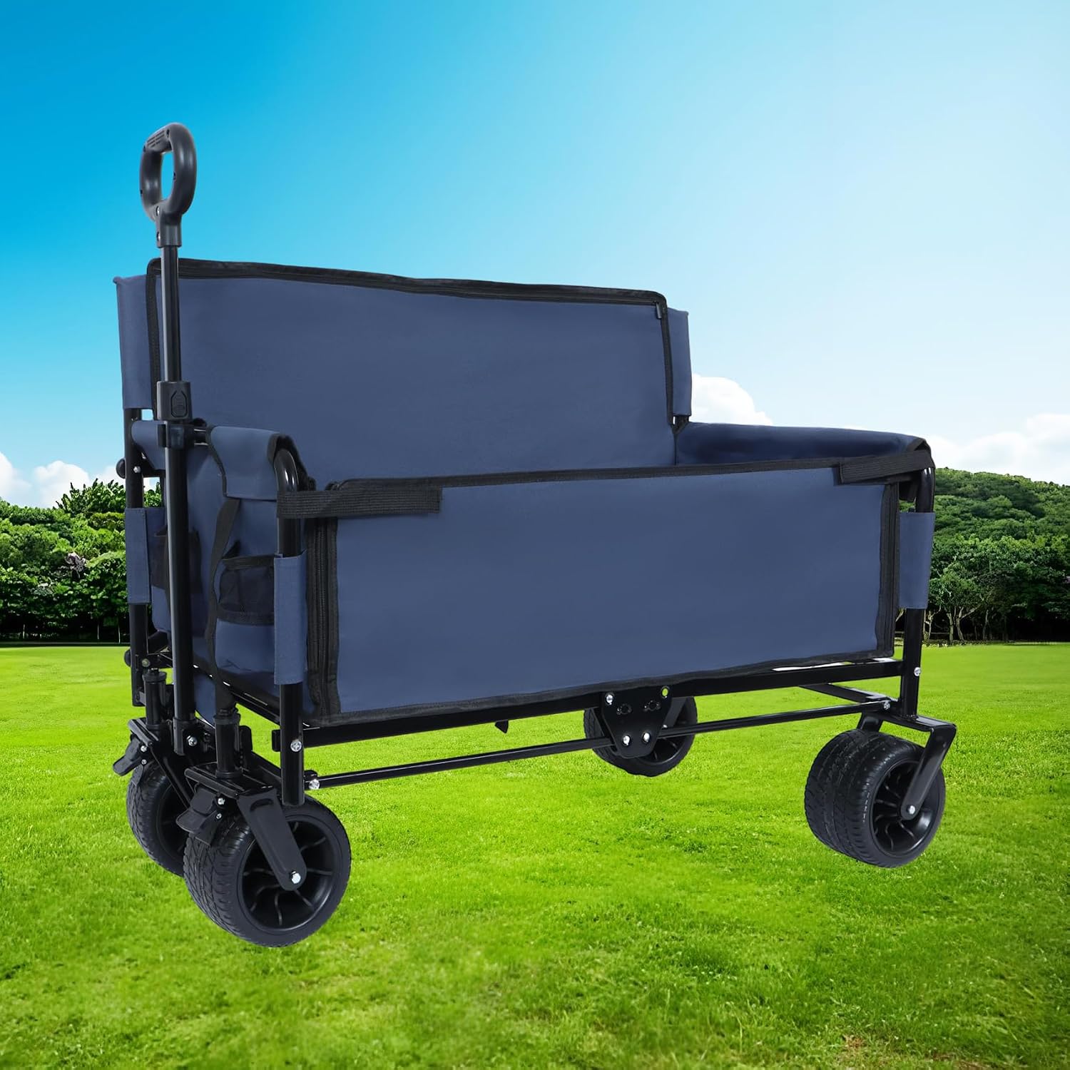 3-in-1 Convertible Folding Wagon Cart with Bench Seat & Storage, Wagon Bench, 550lbs/220L Heavy-Duty Utility Wagon, 180L Capacity All-Terrain Wheels (Blue)