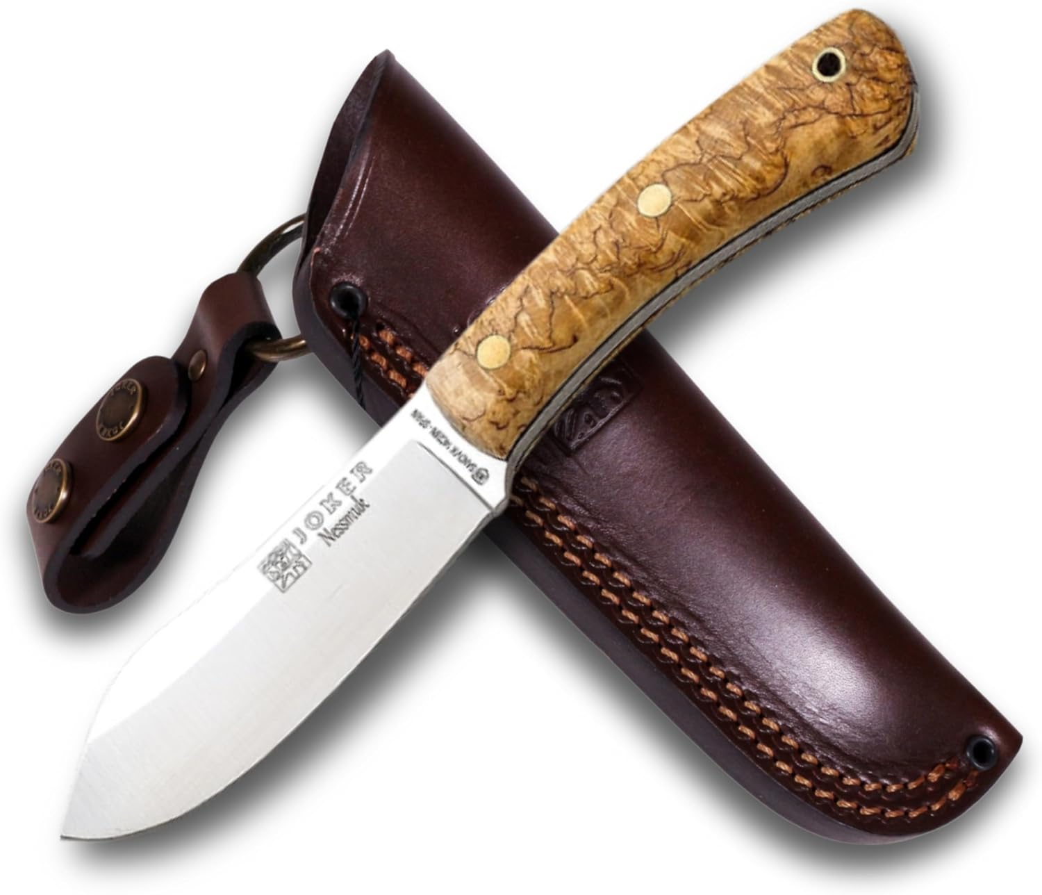 Joker Nessmuk CL136 Bushcraft Knife, 4.33 in Sandvik 14C28N Stainless Steel Flat Grind Blade, Curly Birch Handle and Brown Leather Sheath, for Bushcraft, Camping, Hiking and Field Tasks