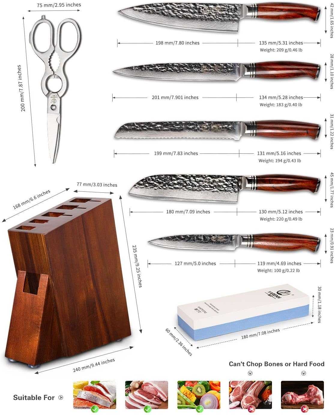 YARENH Kitchen Knife Set, 8 Piece Professional Damascus Chef Knives, Sharp High Carbon Stainless Steel Blade, 73 Layers, Full Tang, Dalbergia Wood Handle, Walnut Wooden Block and Sharpener Stone
