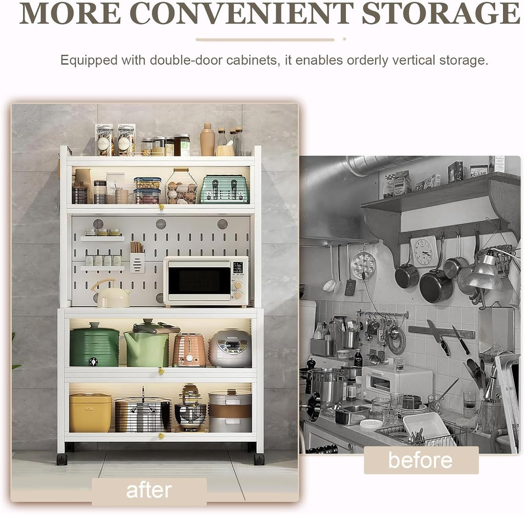 5 Tier Rolling Kitchen Bakers Rack with Locker Hole Board, 63.98x39.37x15.75inch Kitchen Pantry Cabinet Storage with Wheels Hooks, Farmhouse Coffee Bar Cabinet with Drawer Barn Doors