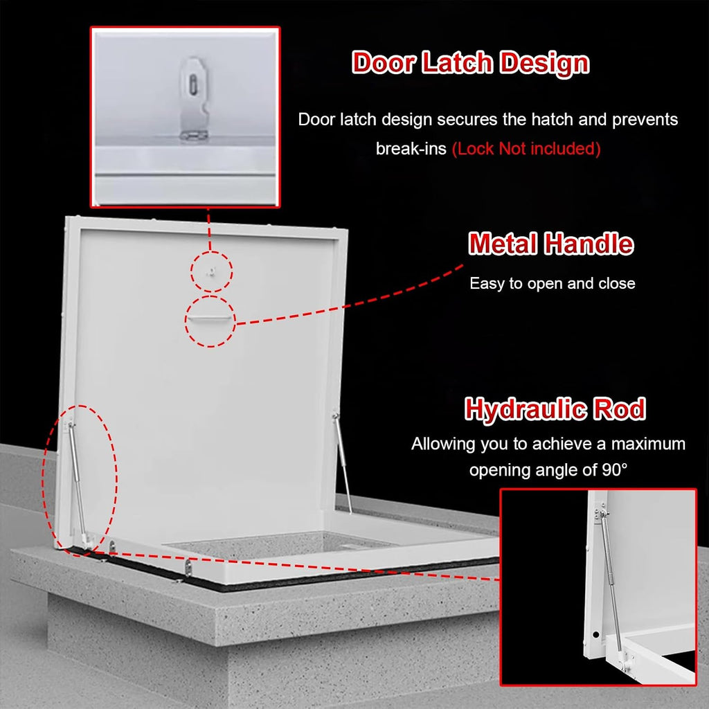 White Ceiling Hatch Lid with Hasp Latch & Gas Shock Strut, Large Building Roof Access Hatch Door, Heavy Duty Manhole/Cellars Exit Cover Plate for Repairs(Inner-L*W-27.6x37.4in/70x95cm)