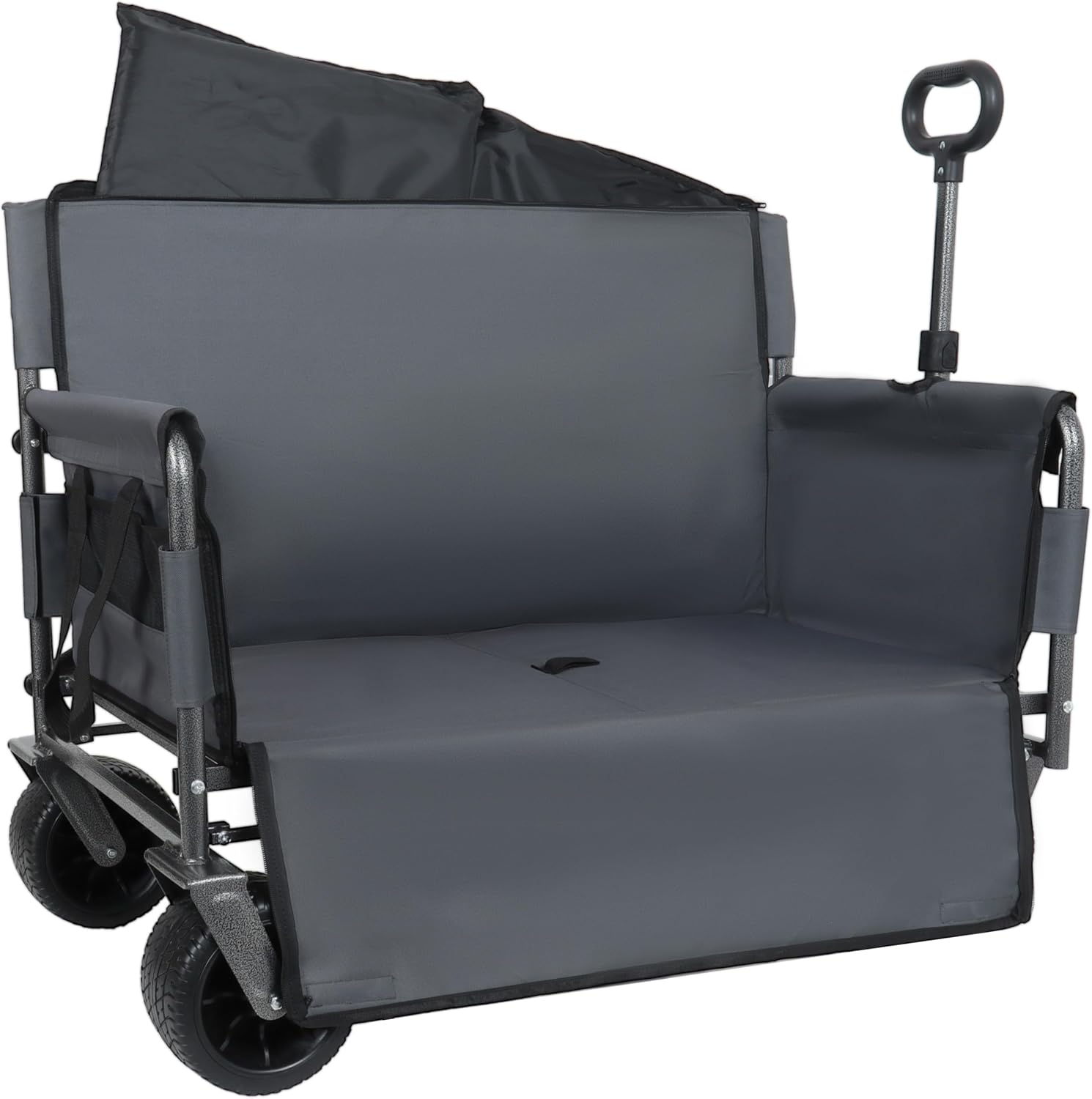 3-in-1 Heavy-Duty Folding Wagon Cart with Bench Seat & Storage – 500lbs Capacity, 180L All-Terrain Utility Cart for Camping, Beach, Sports, & Garden – Collapsible, Adjustable Handle (Gray)